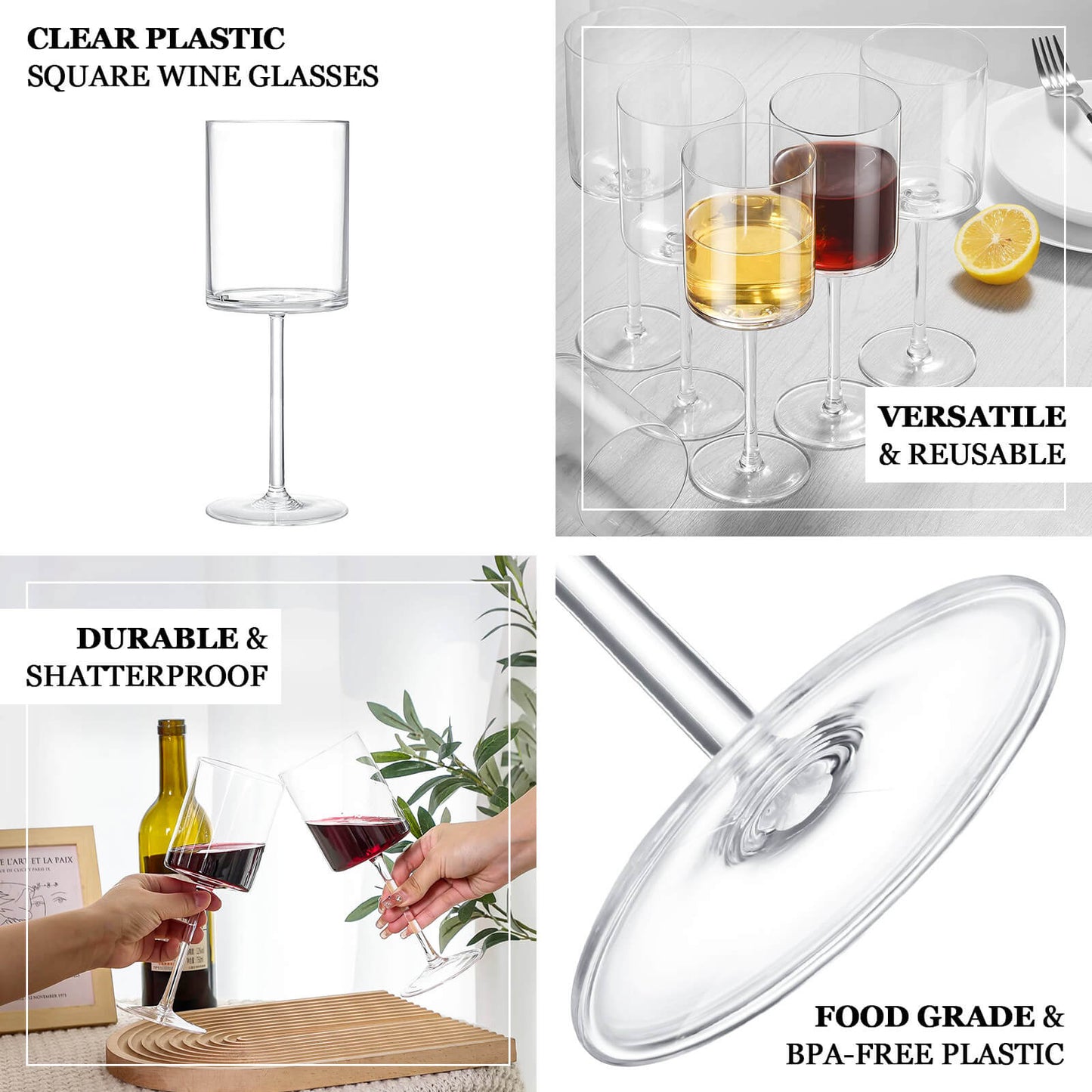 Clear plastic reusable cocktail glasses with long stems.