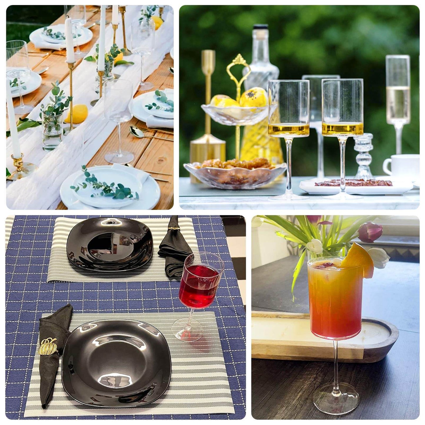 Clear plastic reusable cocktail glasses with long stems on a table setting.
