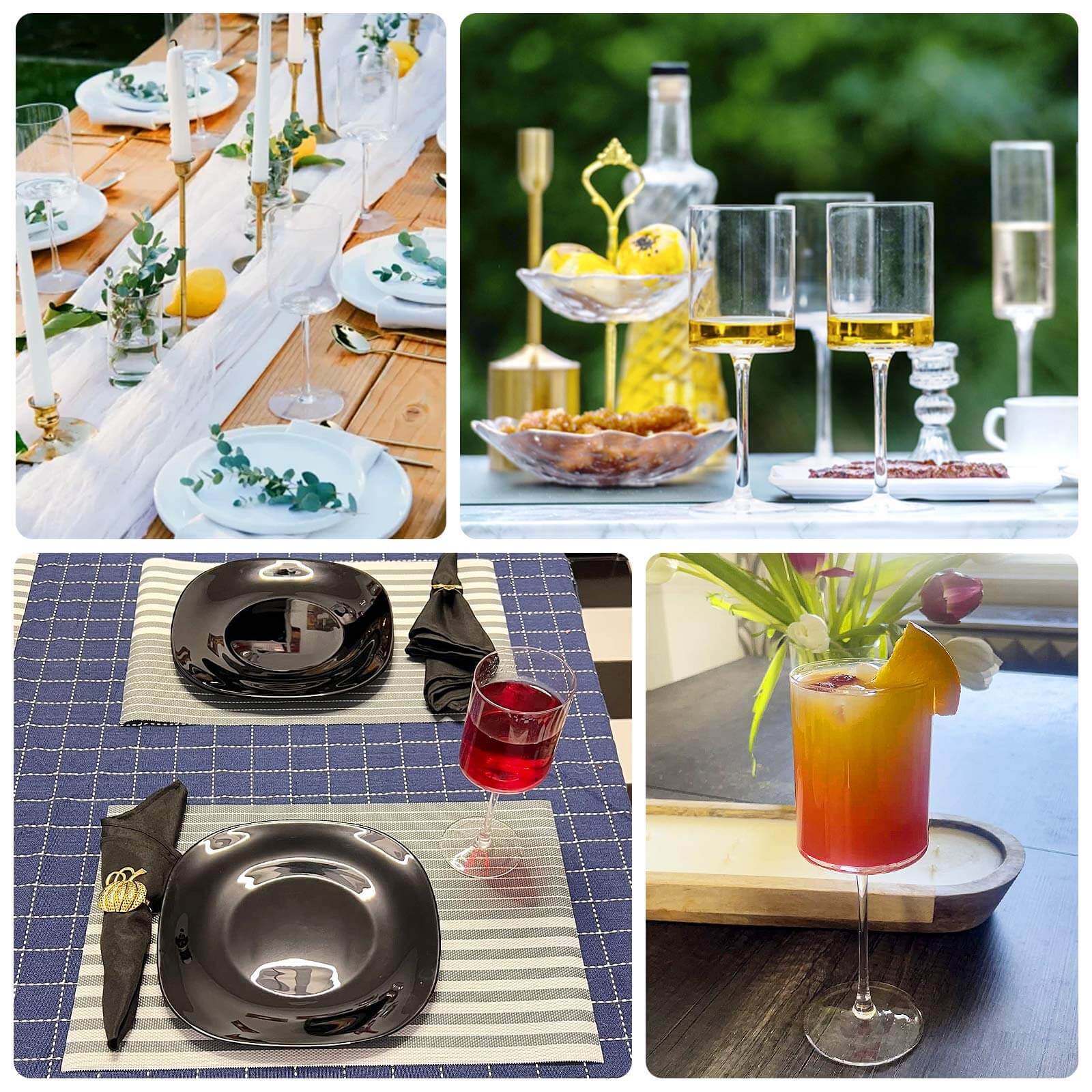 Clear plastic reusable cocktail glasses with long stems on a table setting.