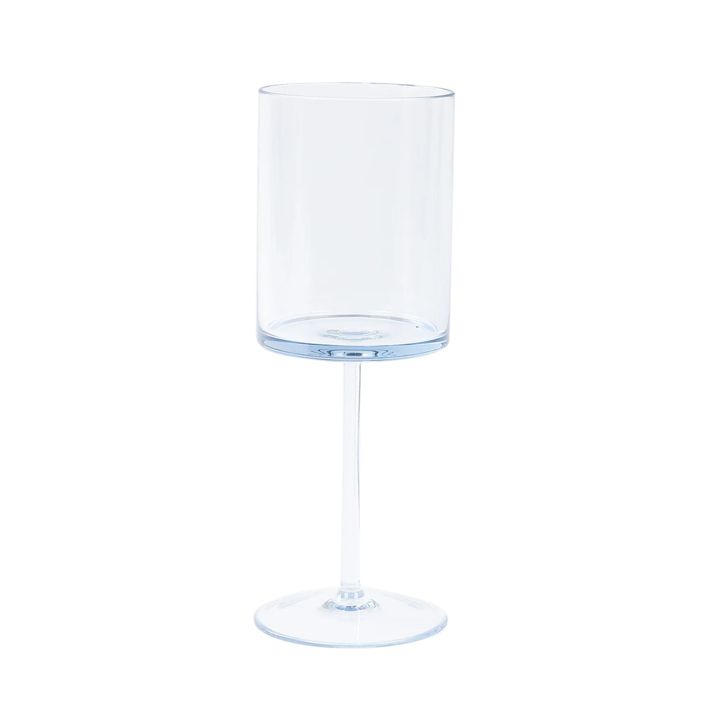 Transparent dusty blue reusable cocktail glass with long stem.