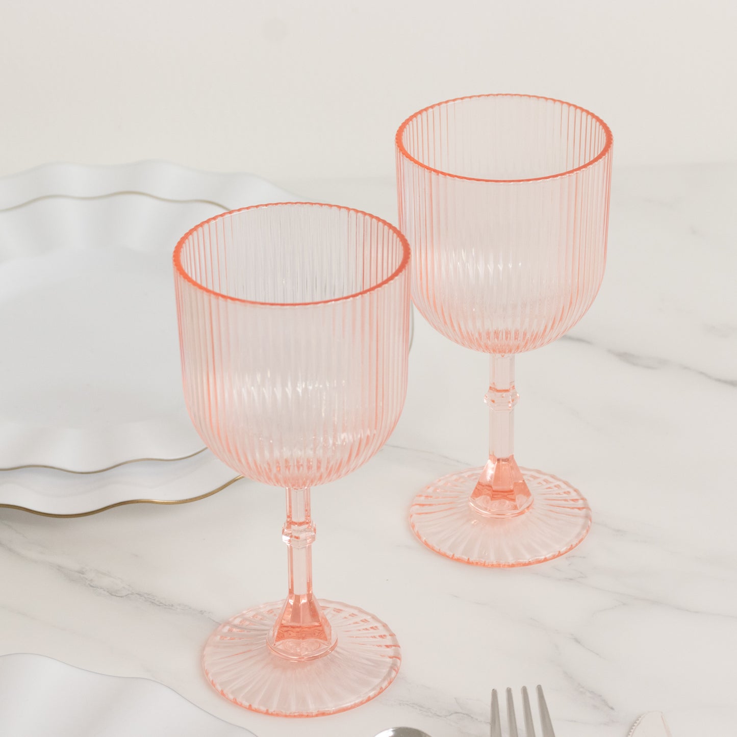 12-Pack Plastic Goblets Transparent Blush Vintage Ribbed Pattern - Reusable Shatterproof Glassware 9oz