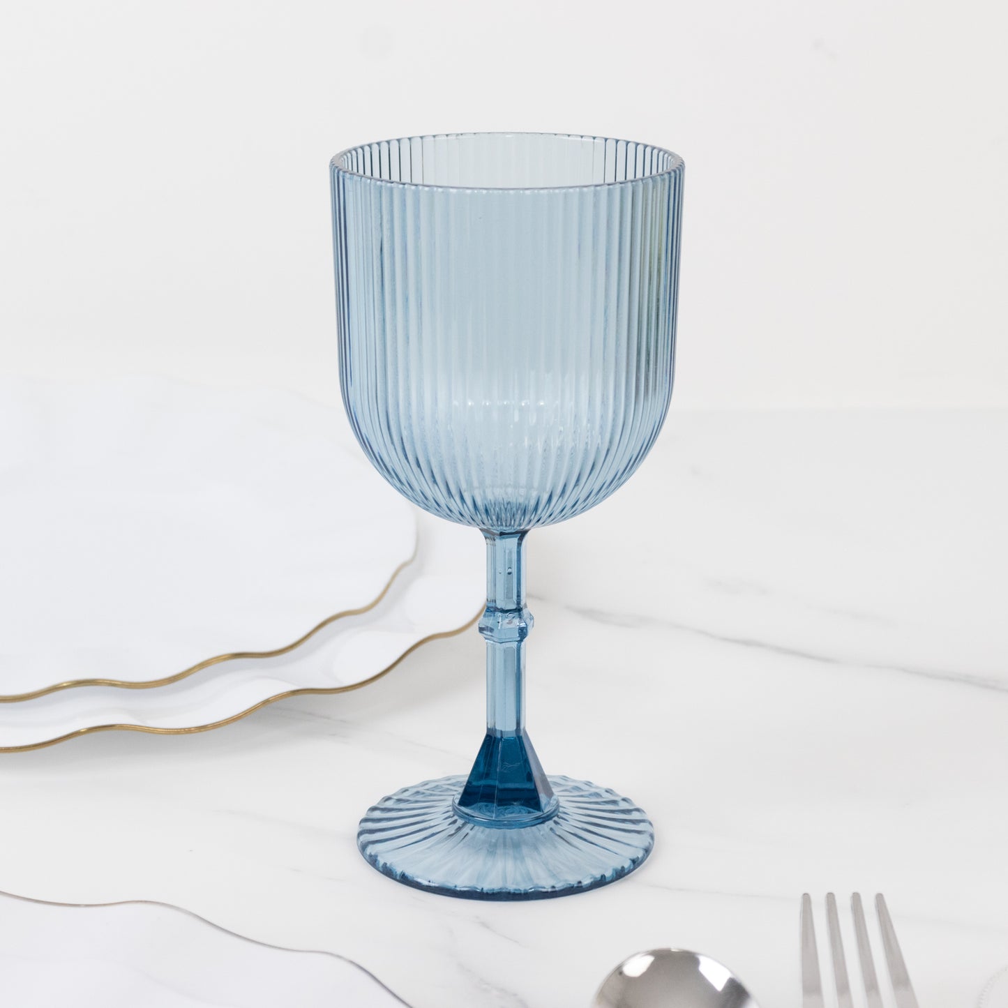 12-Pack Plastic Goblets Dusty Blue Vintage Ribbed Pattern - Reusable Shatterproof Glassware 9oz
