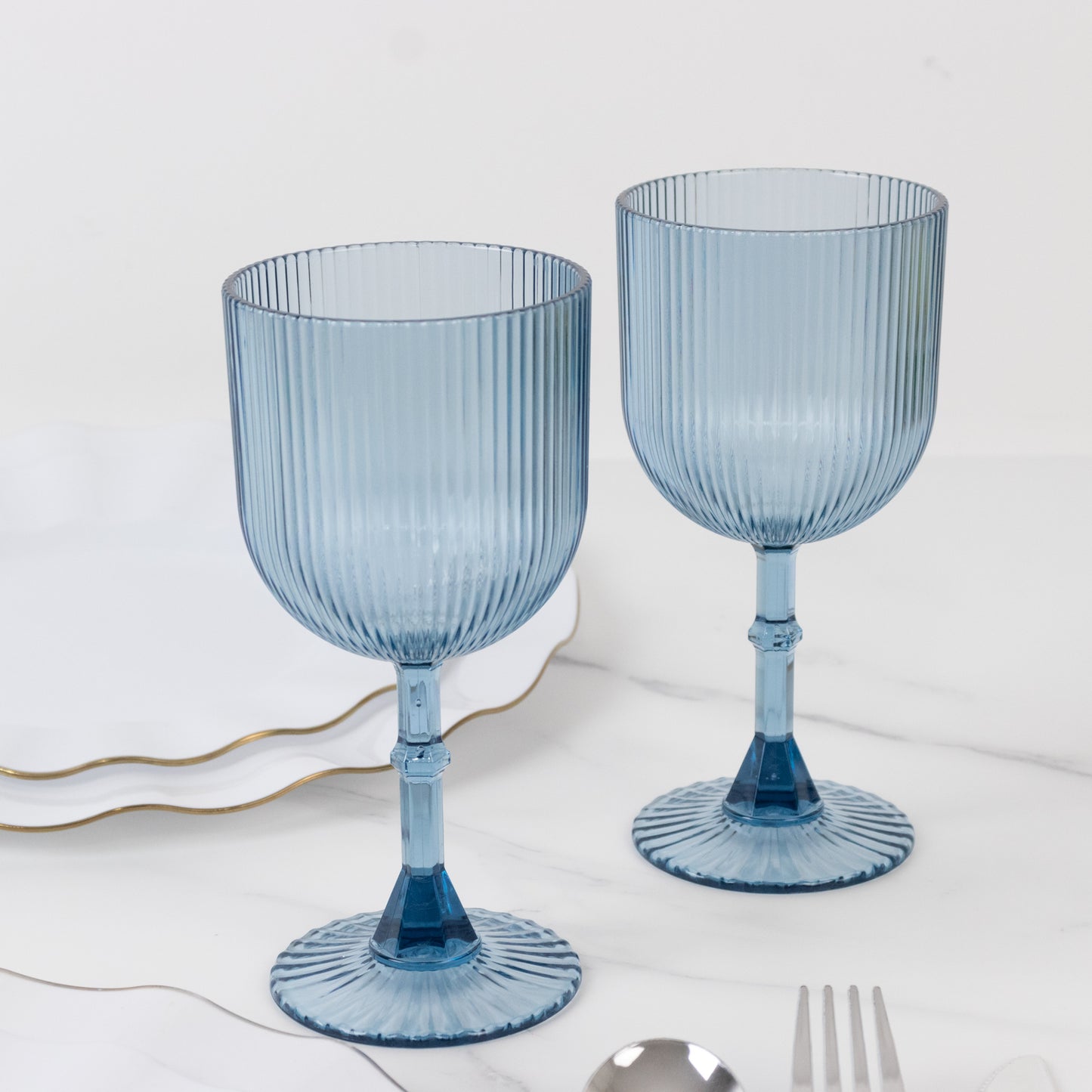 12-Pack Plastic Goblets Dusty Blue Vintage Ribbed Pattern - Reusable Shatterproof Glassware 9oz