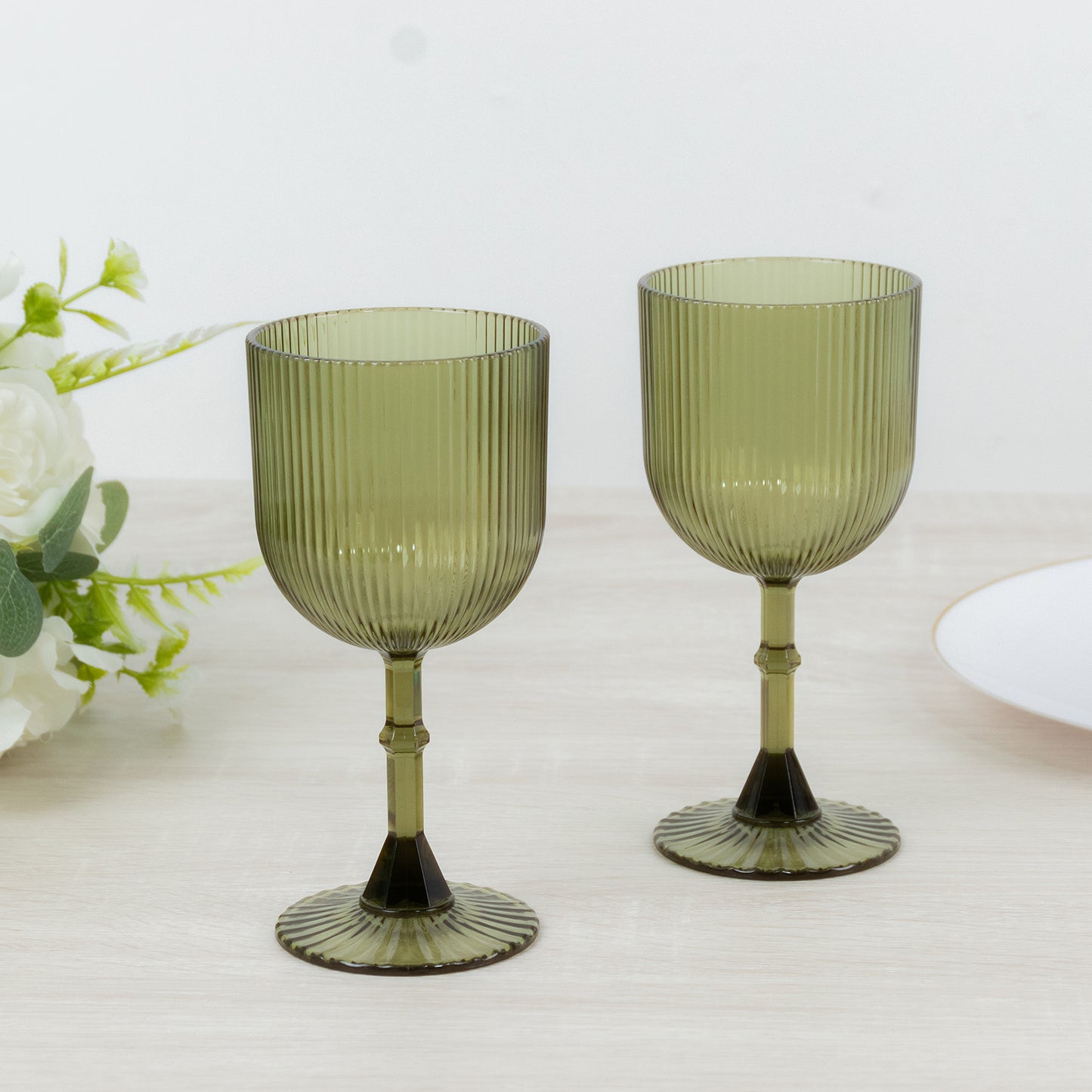 Dusty sage green vintage ribbed plastic goblets, shatterproof, reusable, 9oz.