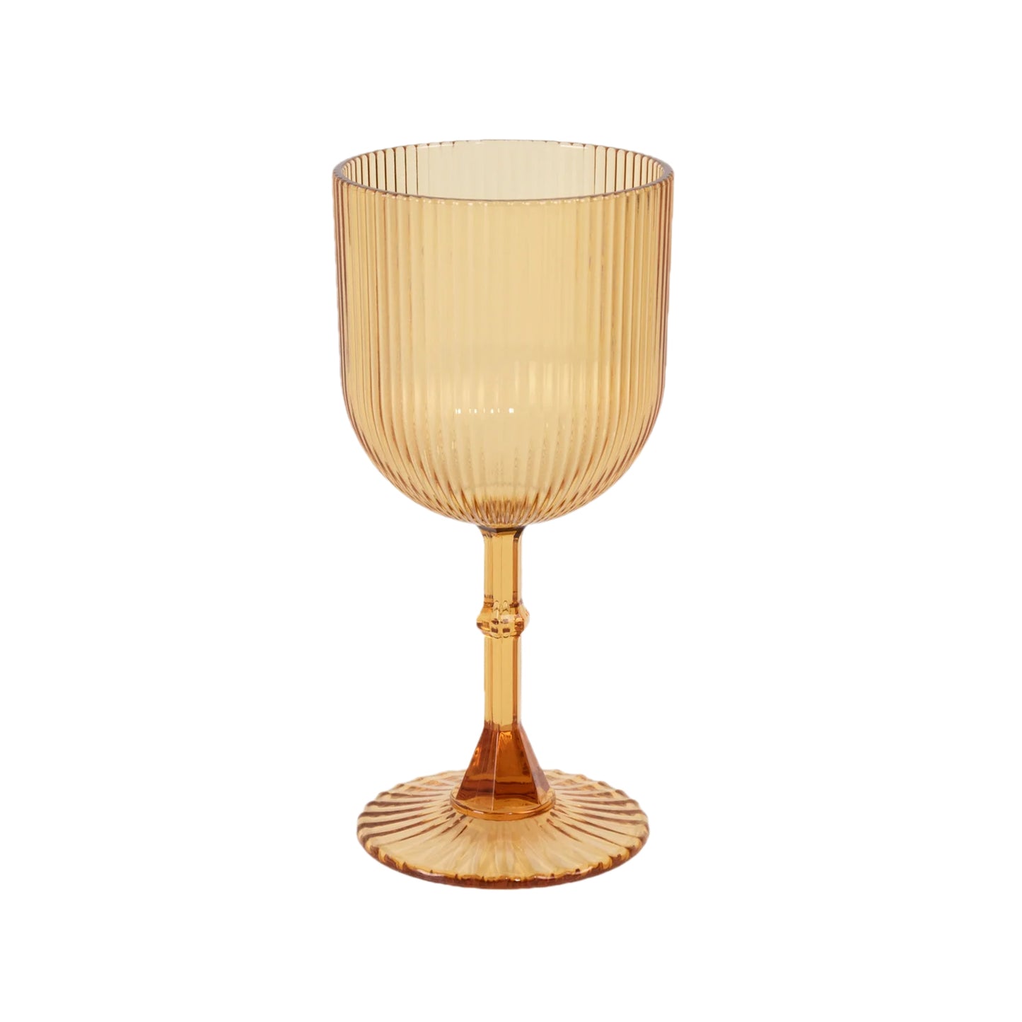 Amber gold ribbed reusable plastic wine goblet, 9oz, shatterproof vintage design.