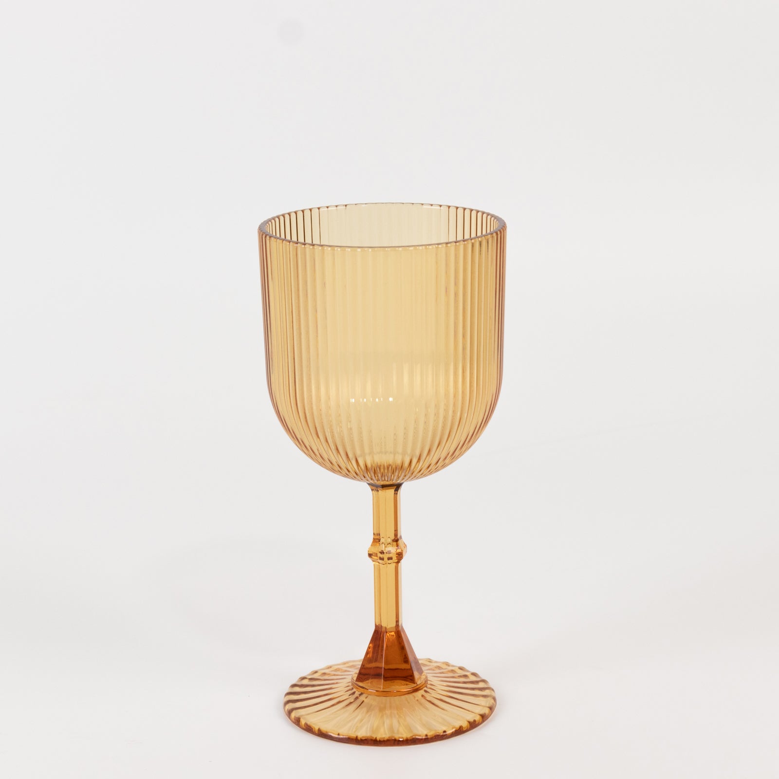 Amber gold ribbed reusable plastic wine goblet, 9oz vintage design.