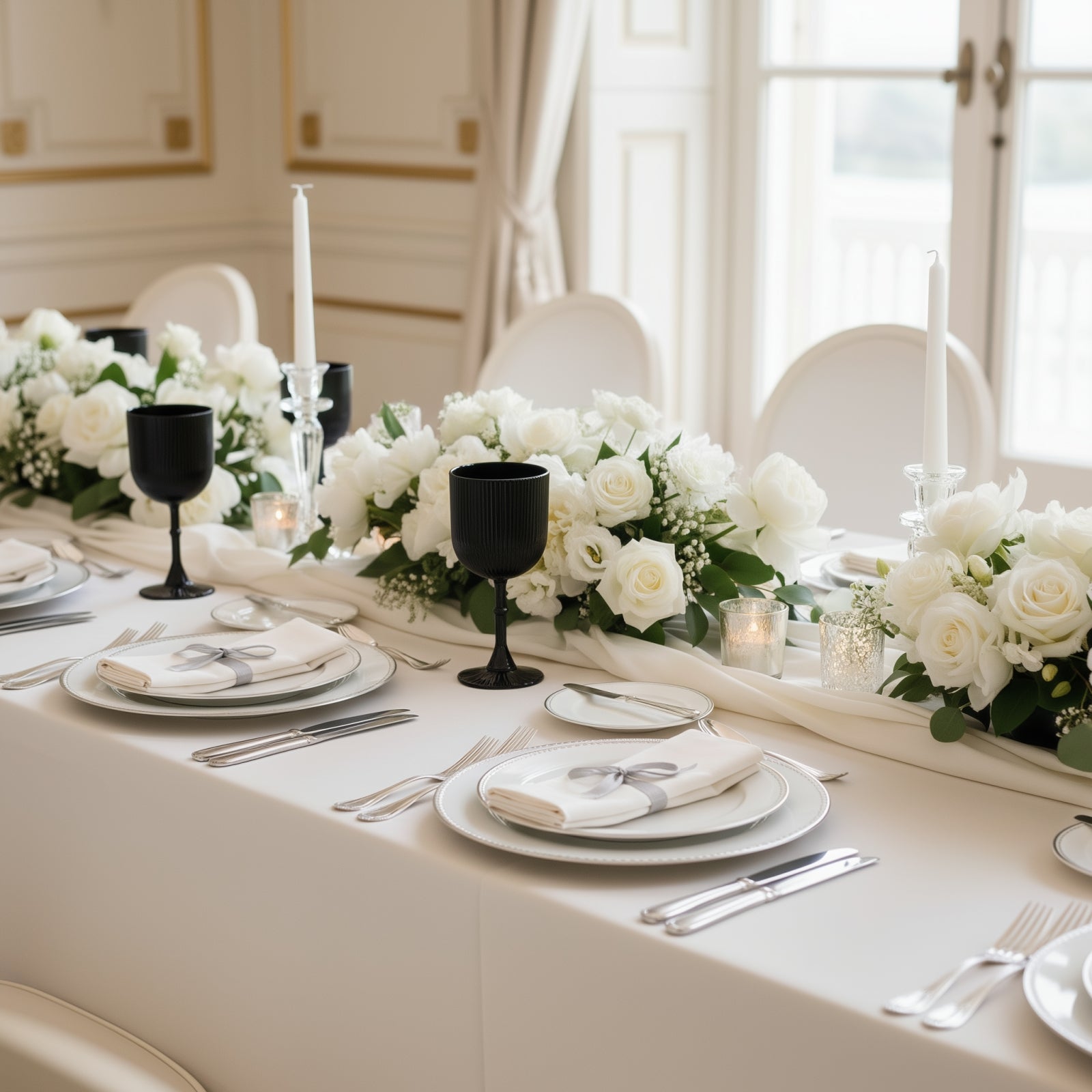 Black vintage ribbed plastic goblets for elegant table settings.