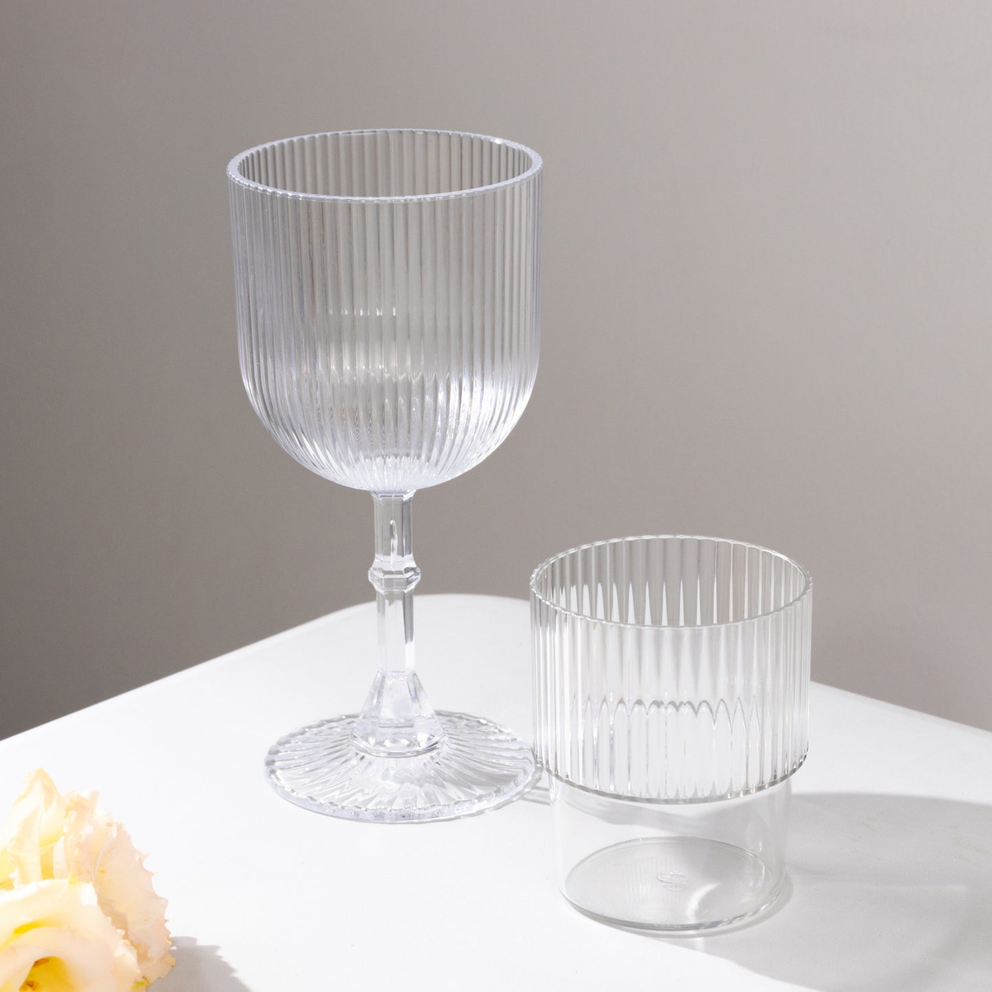 Clear ribbed reusable plastic wine goblets, 9oz shatterproof vintage glasses.