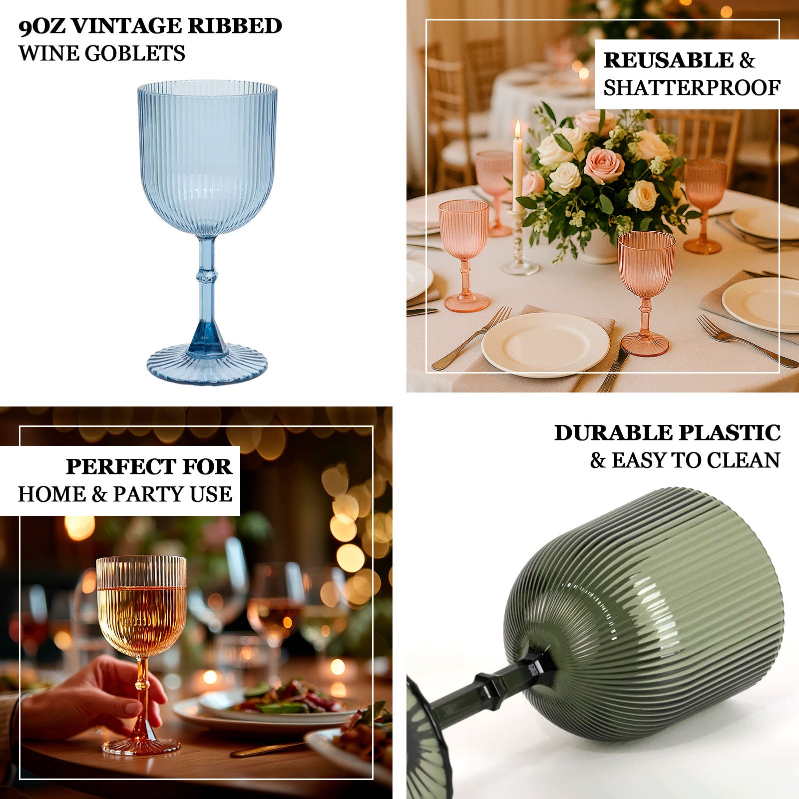 12-Pack Plastic Goblets Vintage Ribbed Pattern - Reusable Shatterproof Glassware 9oz