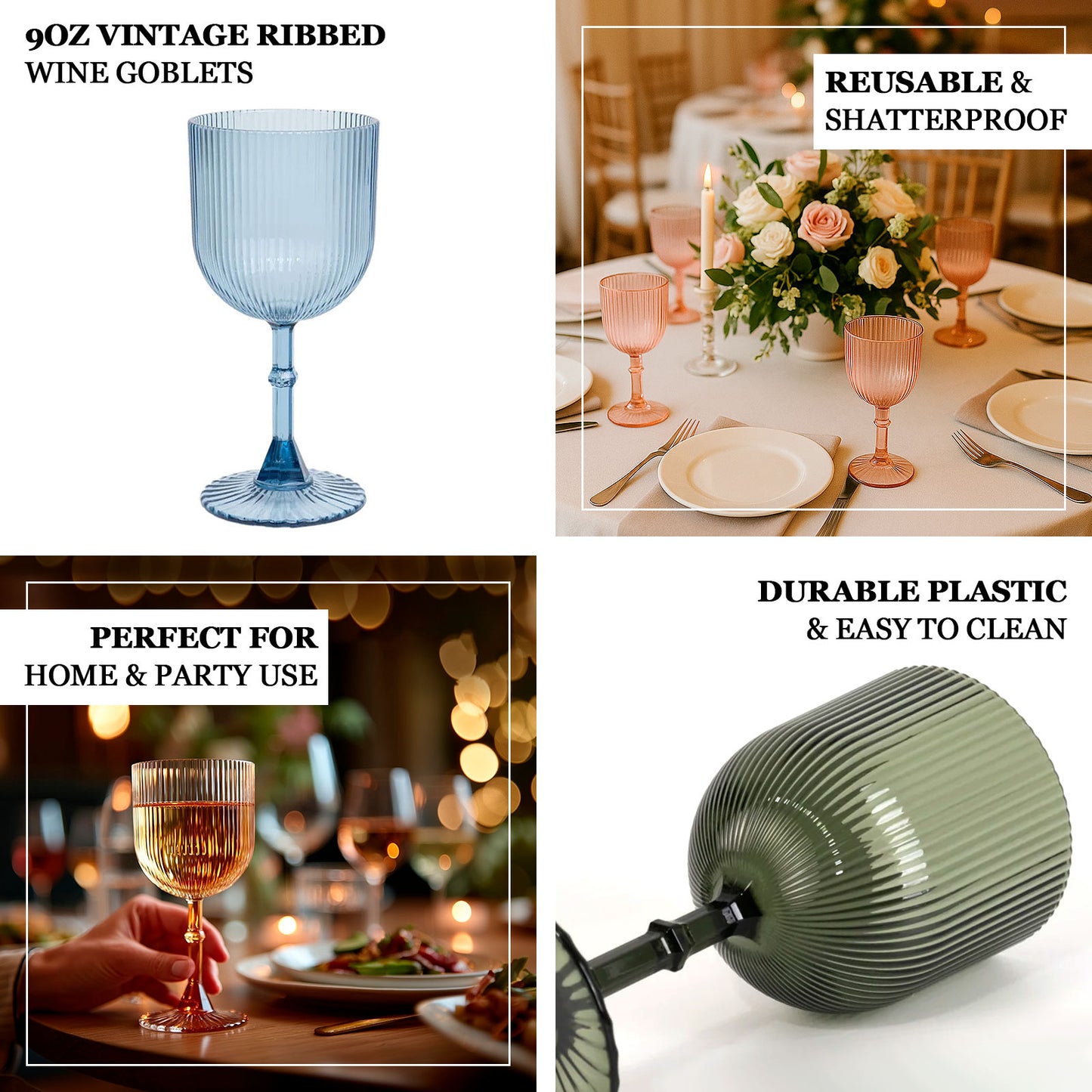 12-Pack Plastic Goblets Vintage Ribbed Pattern - Reusable Shatterproof Glassware 9oz