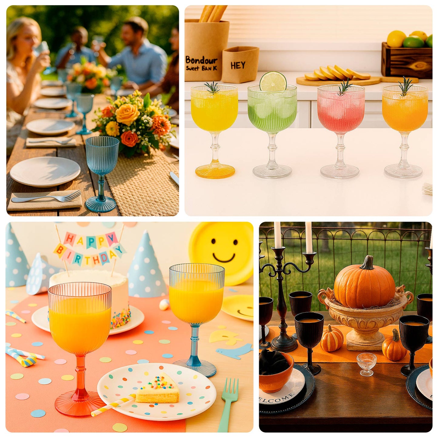 12-Pack Plastic Goblets Vintage Ribbed Pattern - Reusable Shatterproof Glassware 9oz