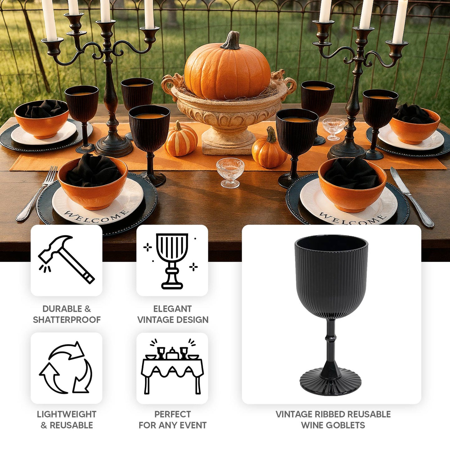 12-Pack Plastic Goblets Vintage Ribbed Pattern - Reusable Shatterproof Glassware 9oz