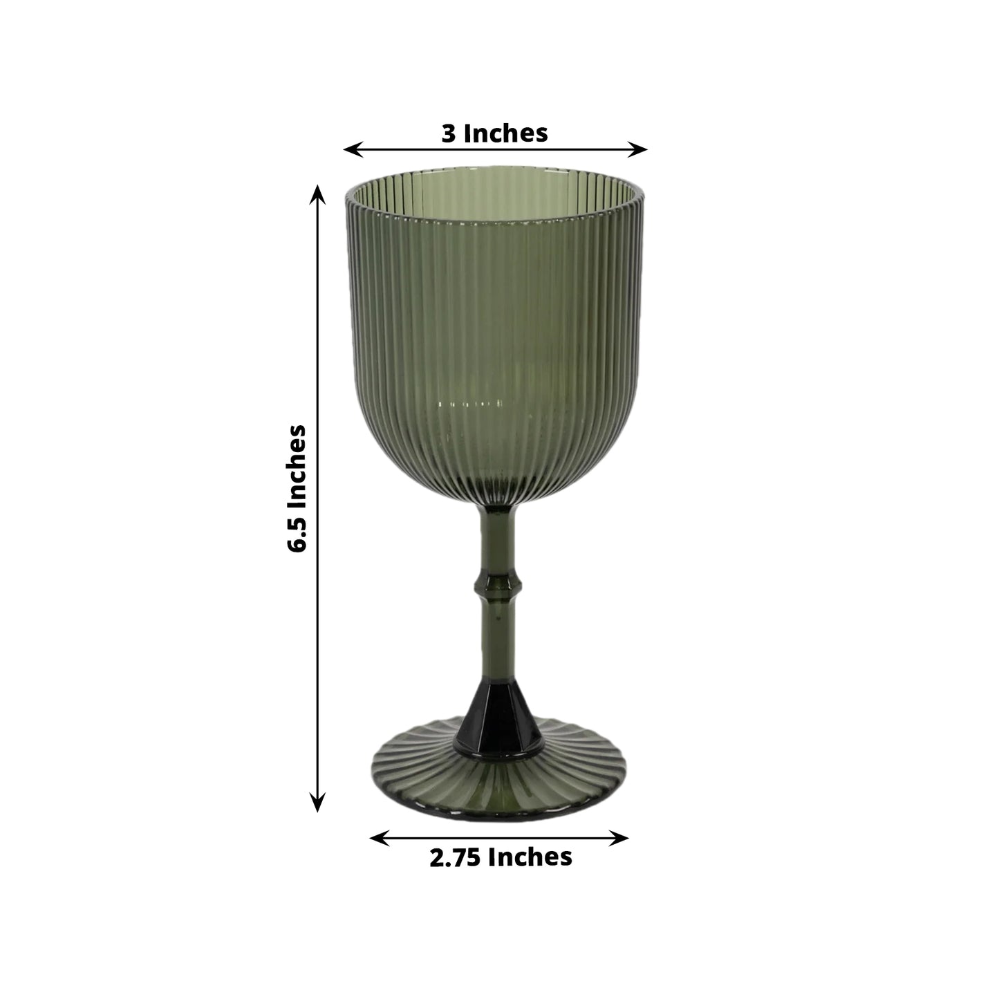 12 Pack Hunter Emerald Green Ribbed Reusable Plastic Wine Goblets, 9oz Shatterproof Vintage Drinking Glasses Water Goblets - 6.5"