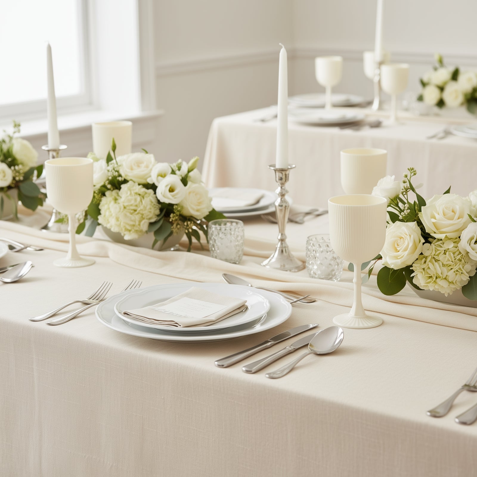 White vintage ribbed plastic goblets on a table setting.