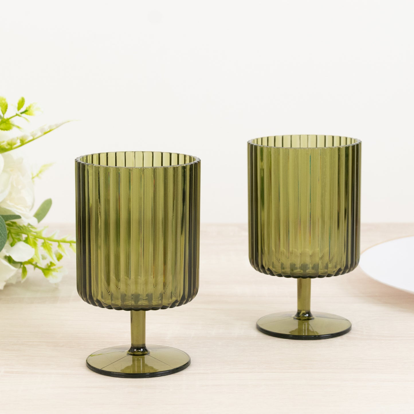 Dusty sage green ribbed plastic goblets, reusable wine glasses, 12oz.