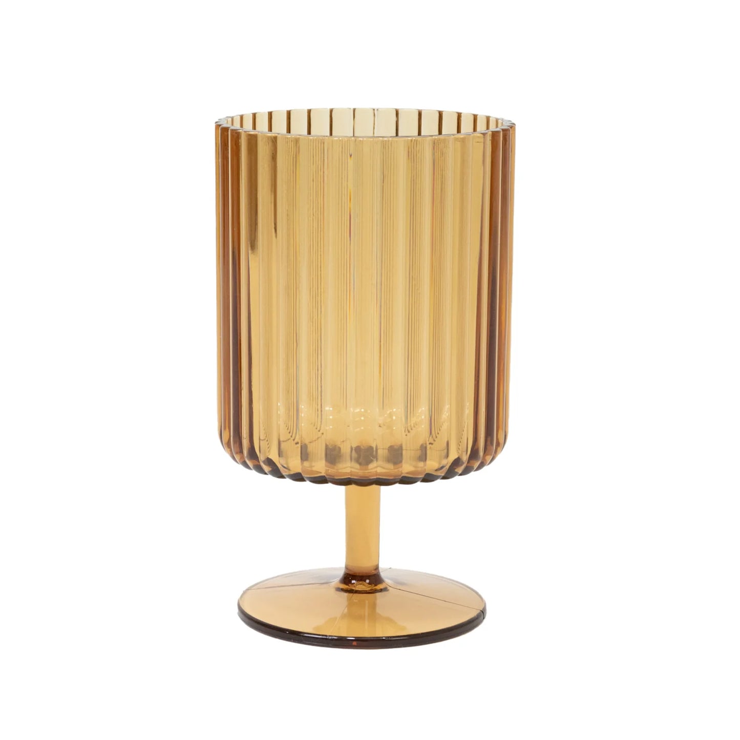 Amber gold vintage ribbed short stem goblet, reusable wine glass.