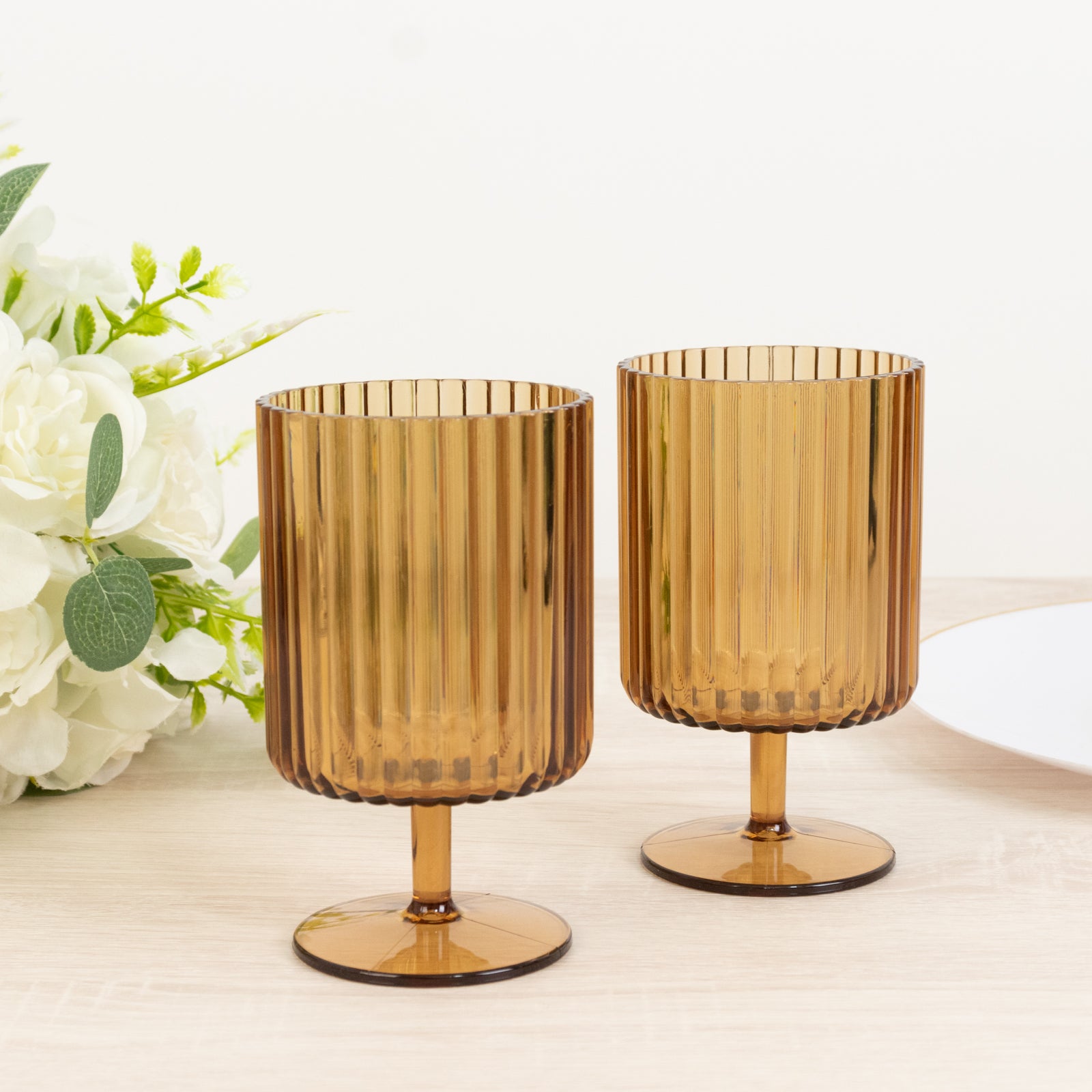 Amber gold vintage ribbed pattern short stem reusable wine glasses.