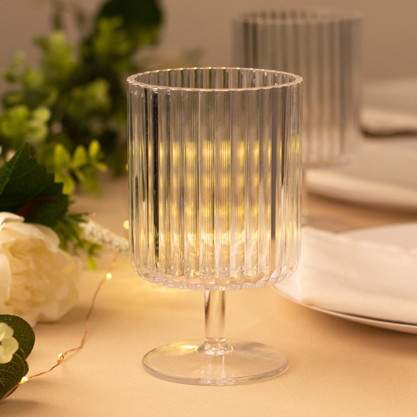 6 Pack Clear Reusable Plastic Wine Goblets with Vintage Ribbed Pattern, 12oz Short Stemmed Shatterproof Water Goblet Cocktail Glasses - 5.5"