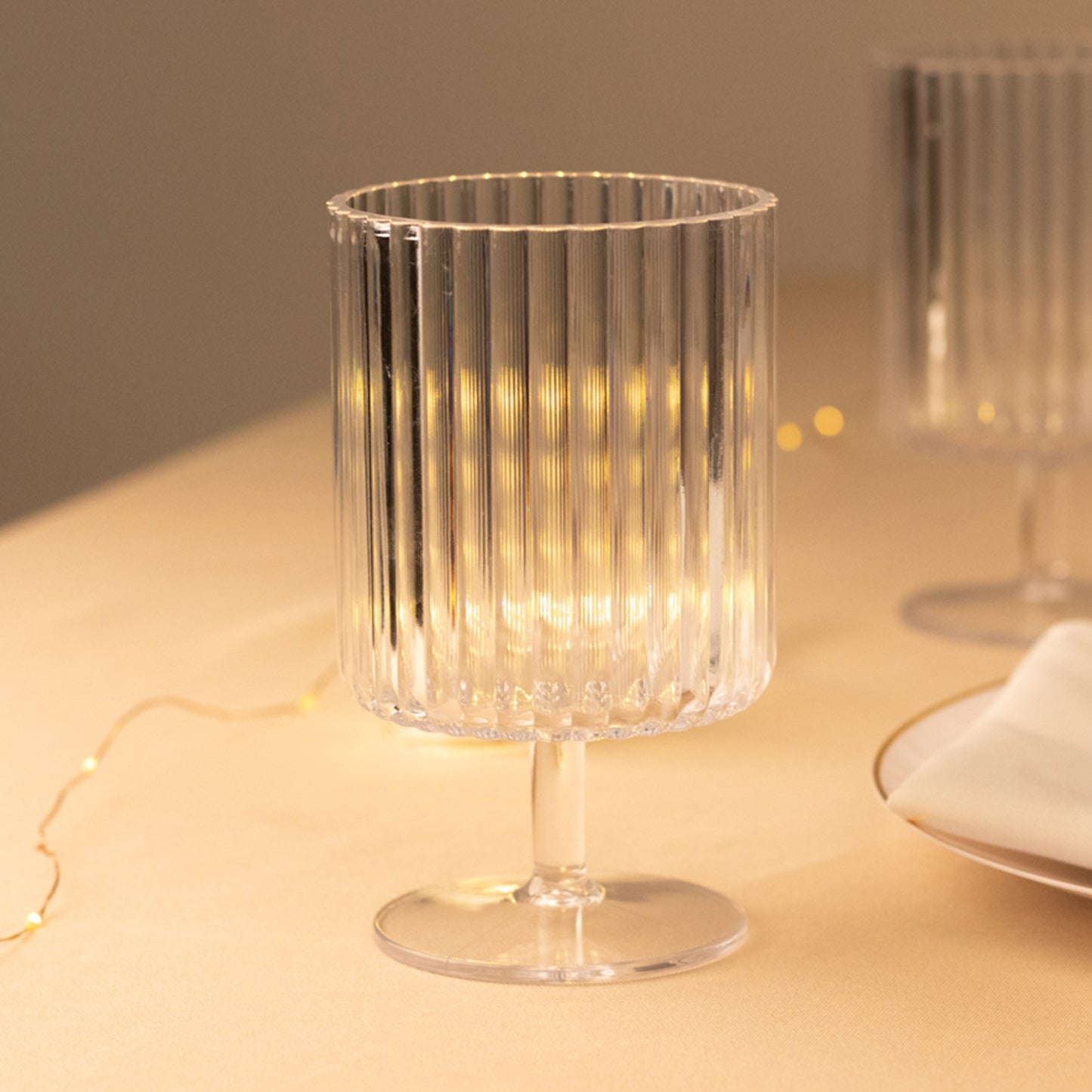 6 Pack Clear Reusable Plastic Wine Goblets with Vintage Ribbed Pattern, 12oz Short Stemmed Shatterproof Water Goblet Cocktail Glasses - 5.5"