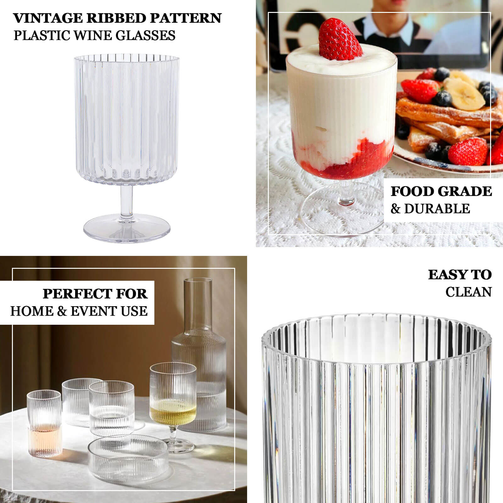 6 Pack Clear Reusable Plastic Wine Goblets with Vintage Ribbed Pattern, 12oz Short Stemmed Shatterproof Water Goblet Cocktail Glasses - 5.5"