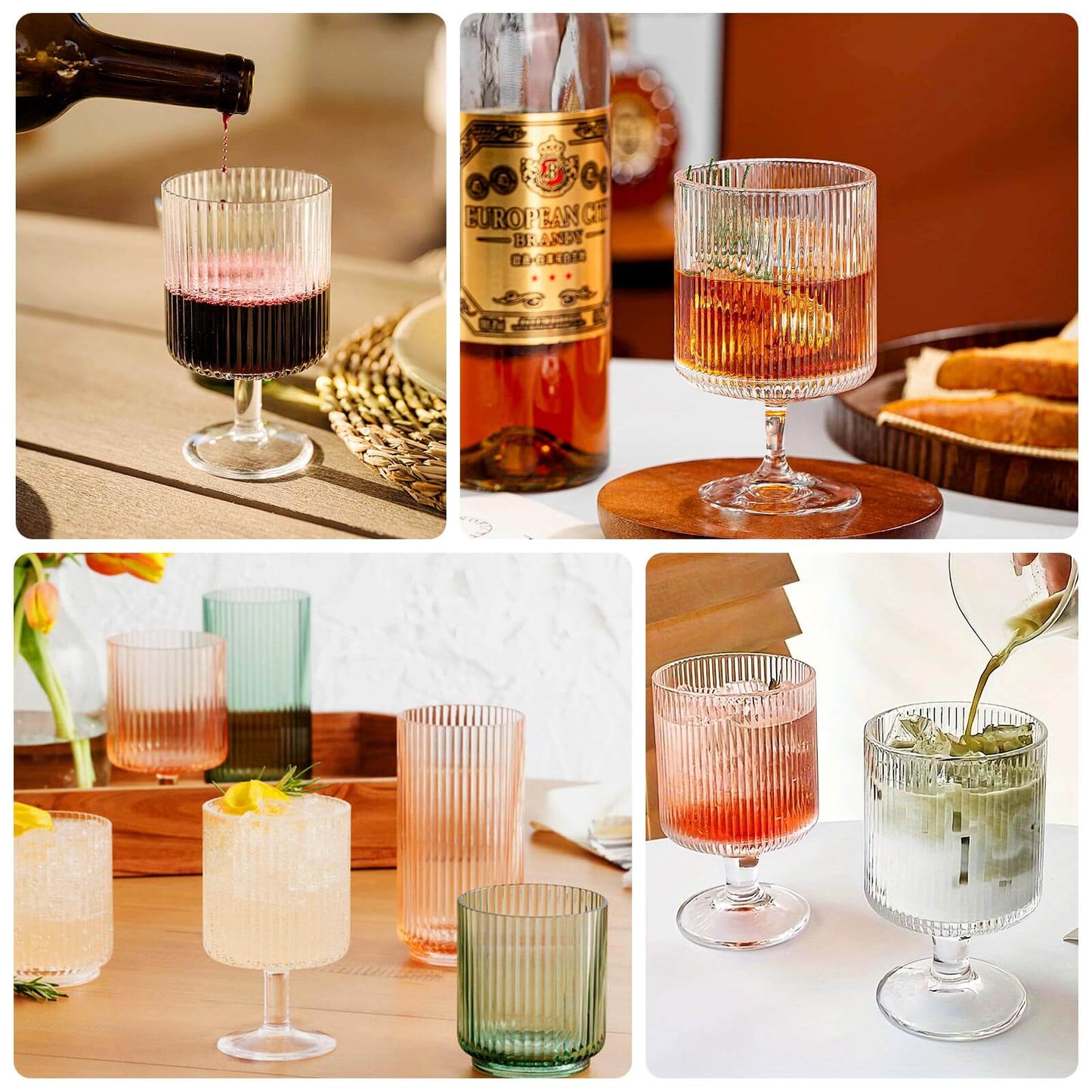 6 Pack Clear Reusable Plastic Wine Goblets with Vintage Ribbed Pattern, 12oz Short Stemmed Shatterproof Water Goblet Cocktail Glasses - 5.5"