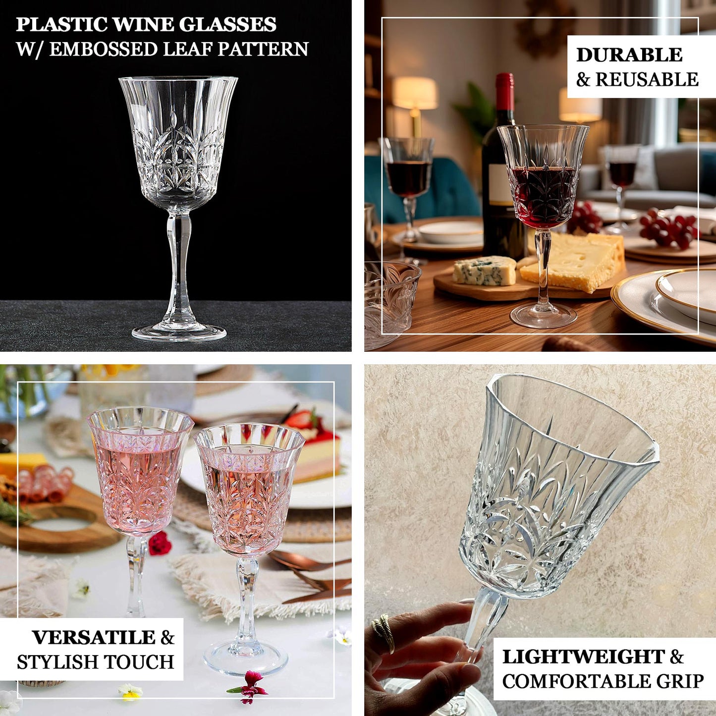 Clear shatterproof plastic cocktail glasses with embossed leaf pattern, 10oz.