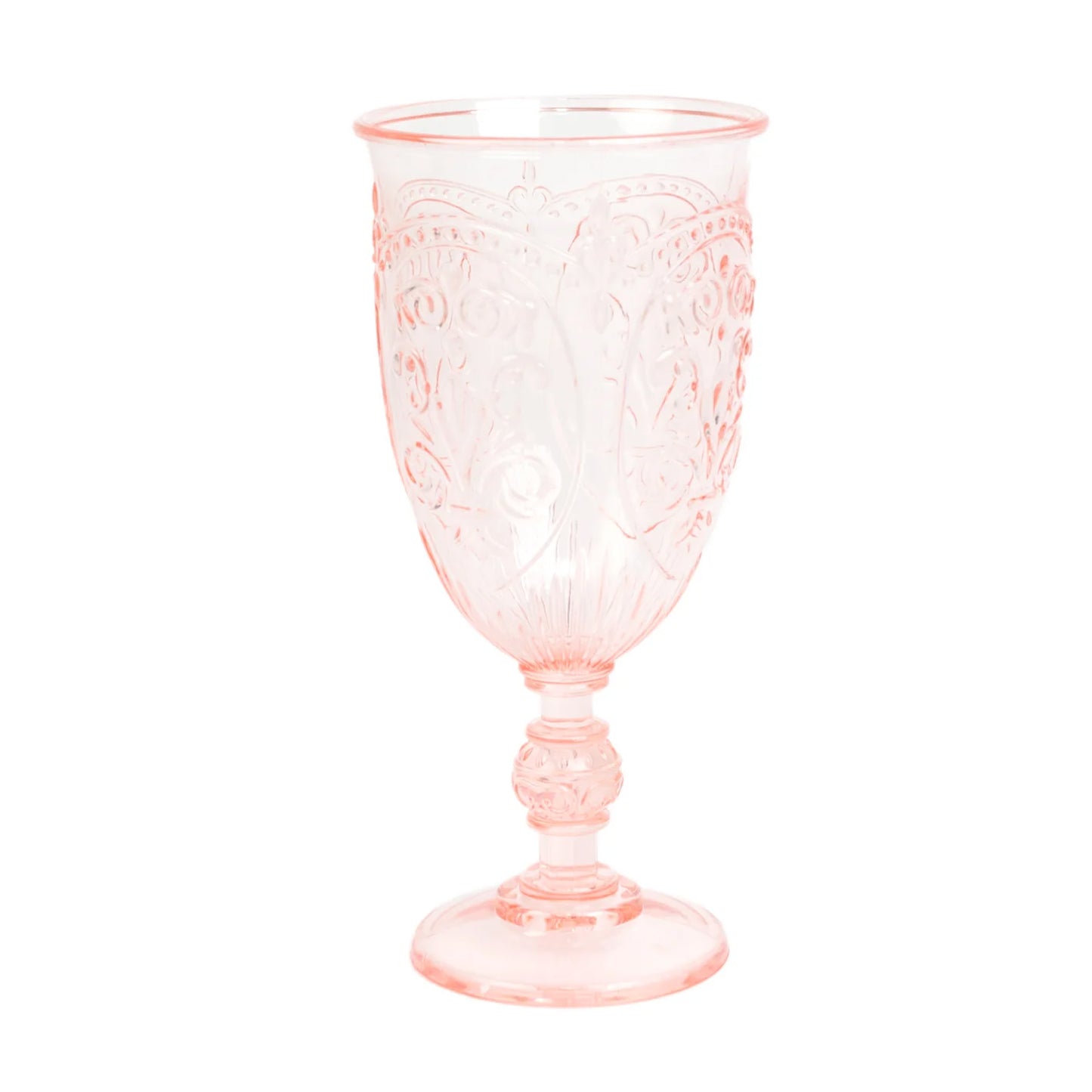 24-Pack Plastic Wine Glasses 10oz – Transparent Blush Vintage Goblets with Retro Embossed Design, Elegant Drinkware - 7" Tall
