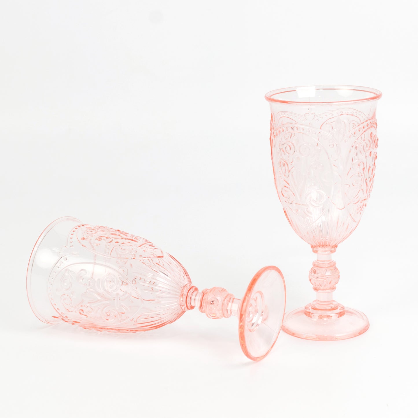 24-Pack Plastic Wine Glasses 10oz – Transparent Blush Vintage Goblets with Retro Embossed Design, Elegant Drinkware - 7" Tall