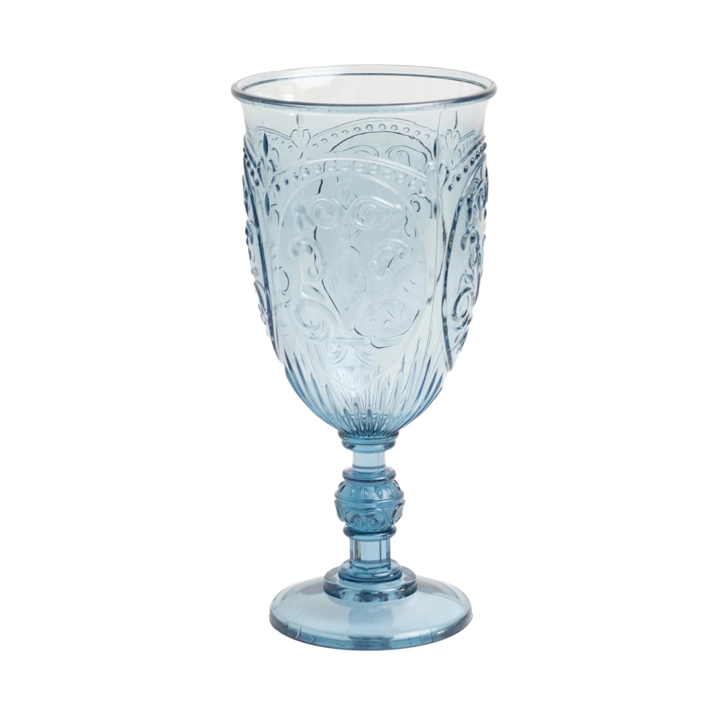 Transparent dusty blue vintage goblet with retro embossed design.