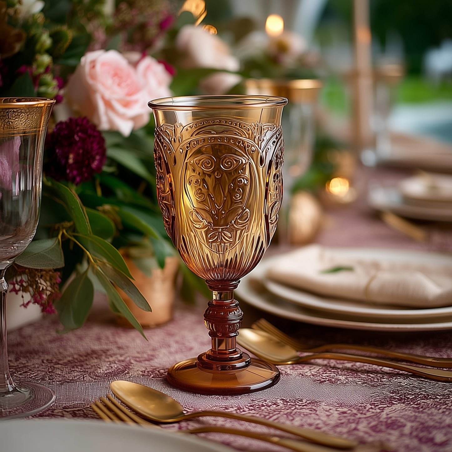 24-Pack Plastic Wine Glasses 10oz – Amber Gold Vintage Goblets with Retro Embossed Design, Elegant Drinkware - 7" Tall