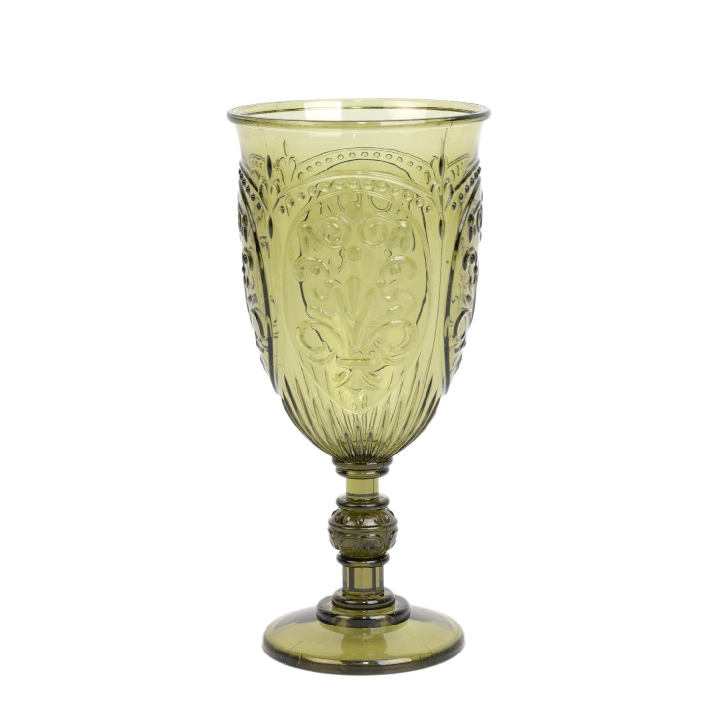 Transparent dusty sage green vintage goblet with embossed design.