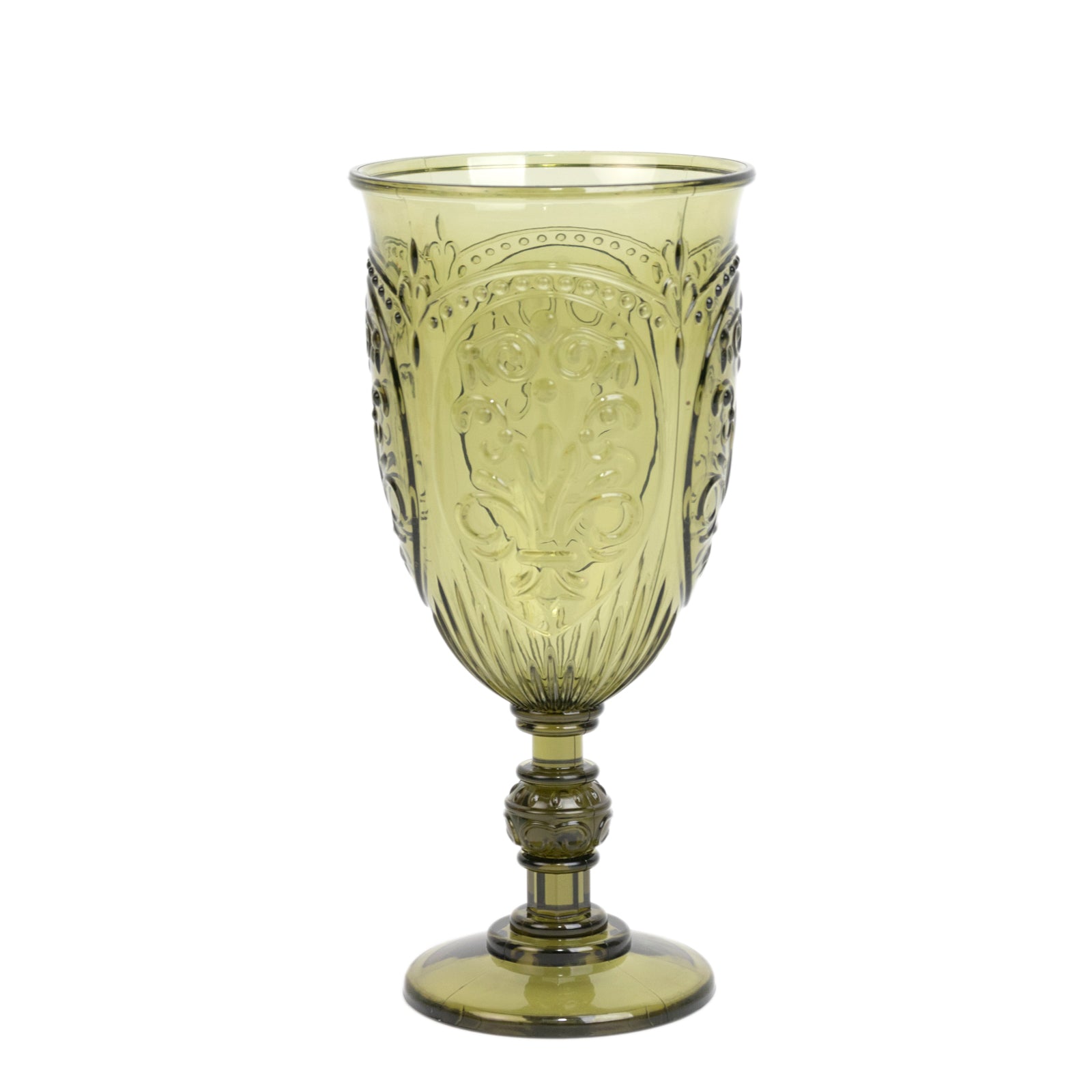 Transparent dusty sage green vintage goblet with embossed design.