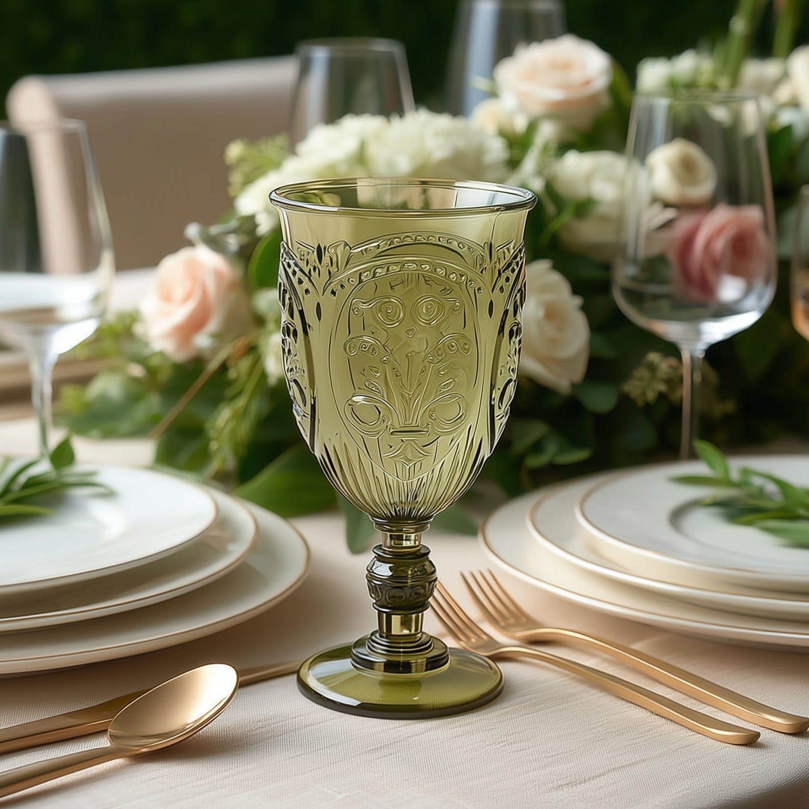 Transparent dusty sage green vintage goblet on an elegant dining table.
