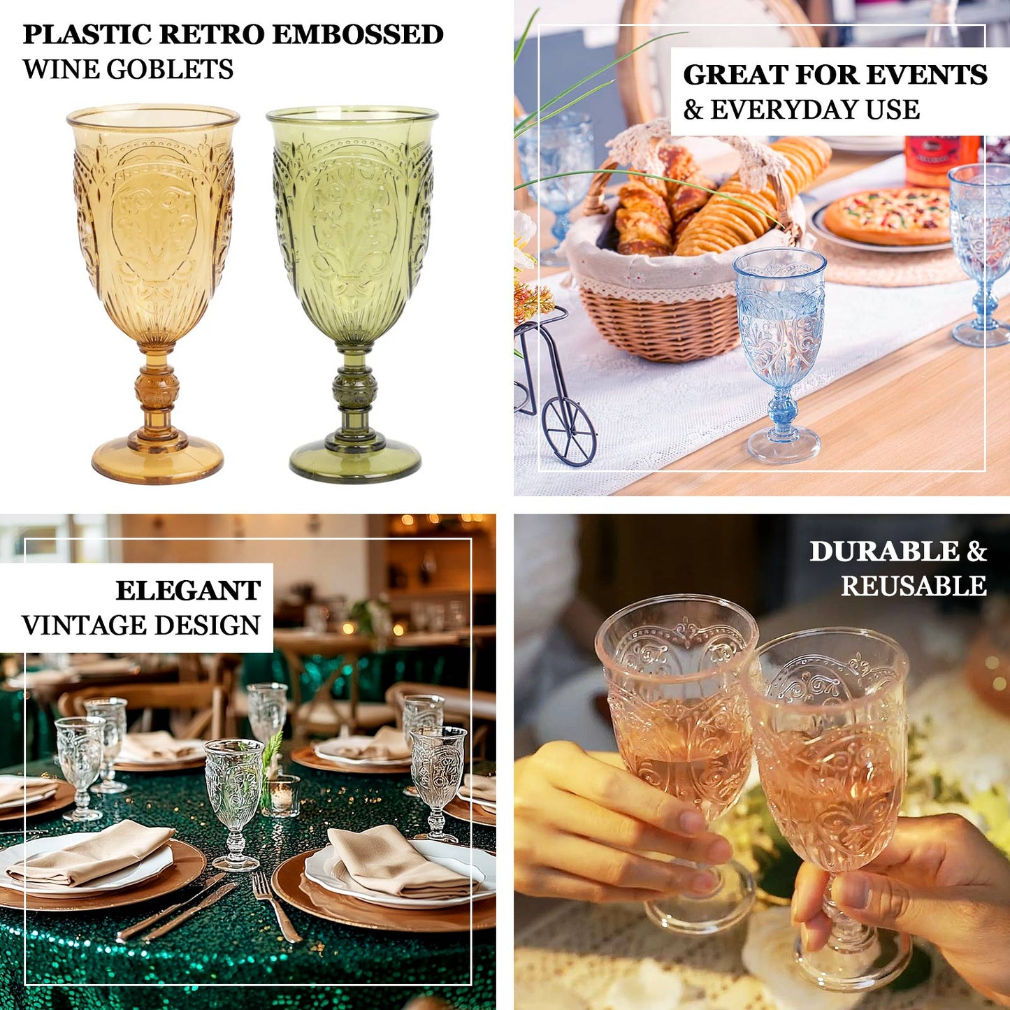 24-Pack Plastic Wine Glasses 10oz – Vintage Goblets with Retro Embossed Design, Elegant Drinkware - 7" Tall