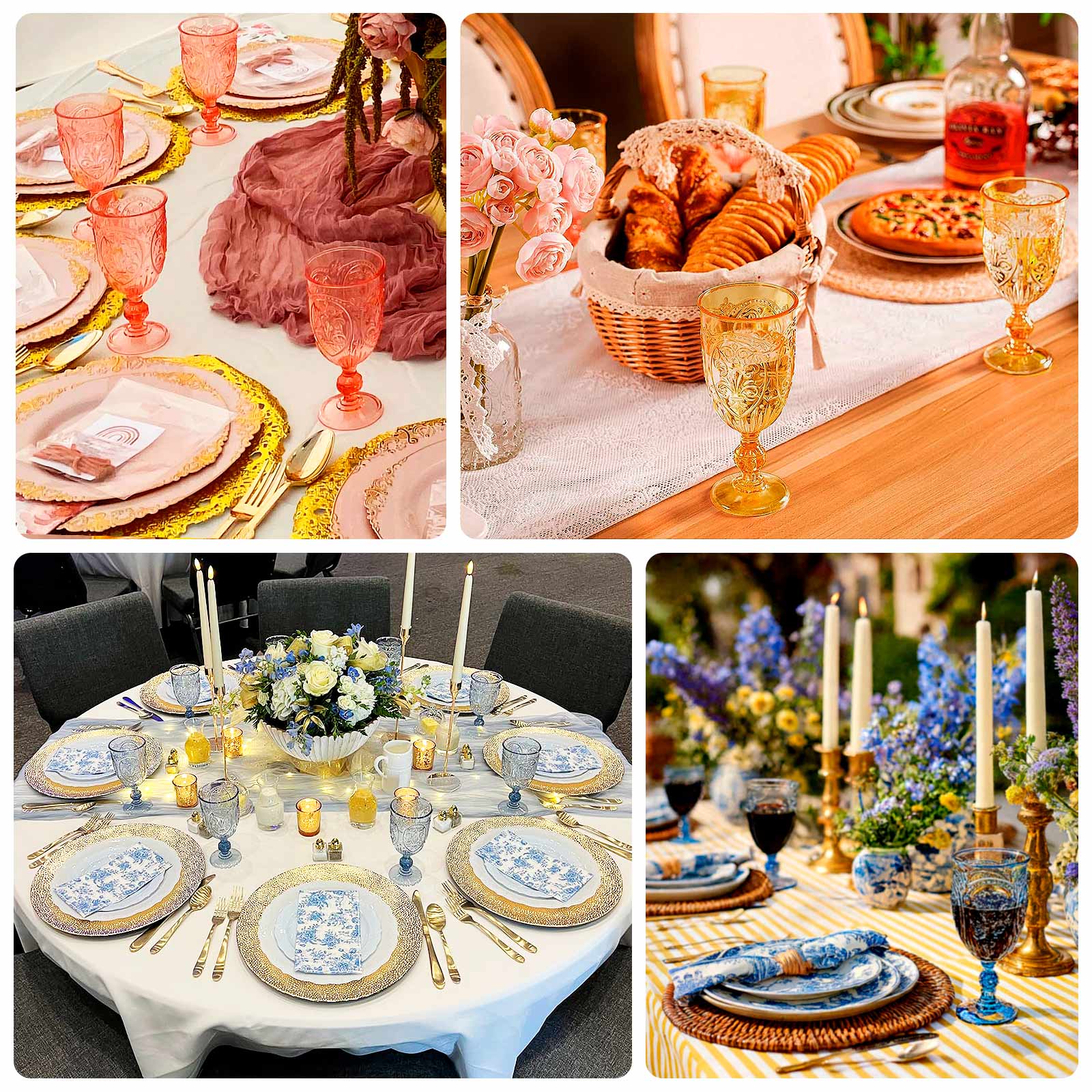 Pearl white vintage goblets with retro embossed design on elegant table setting.