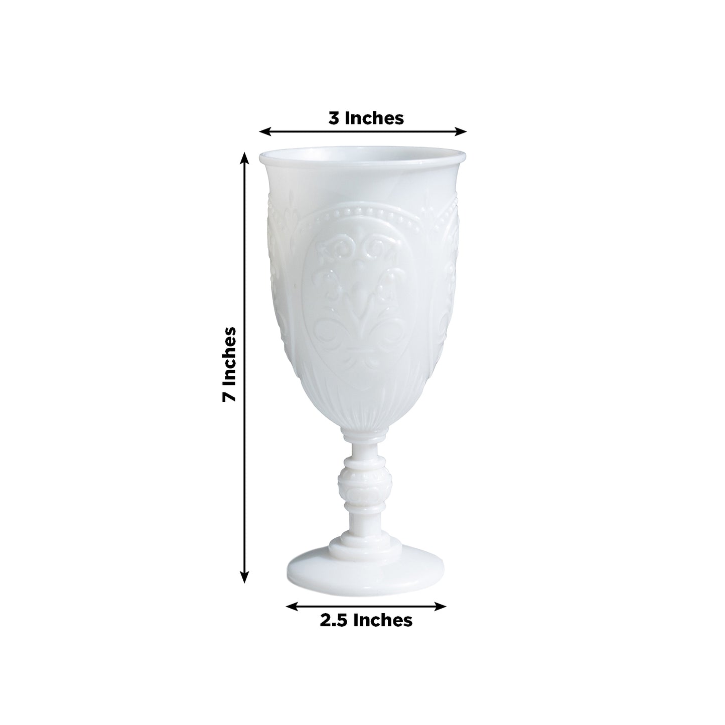Pearl white vintage goblet, 10oz, elegant embossed design, 7 inches tall.