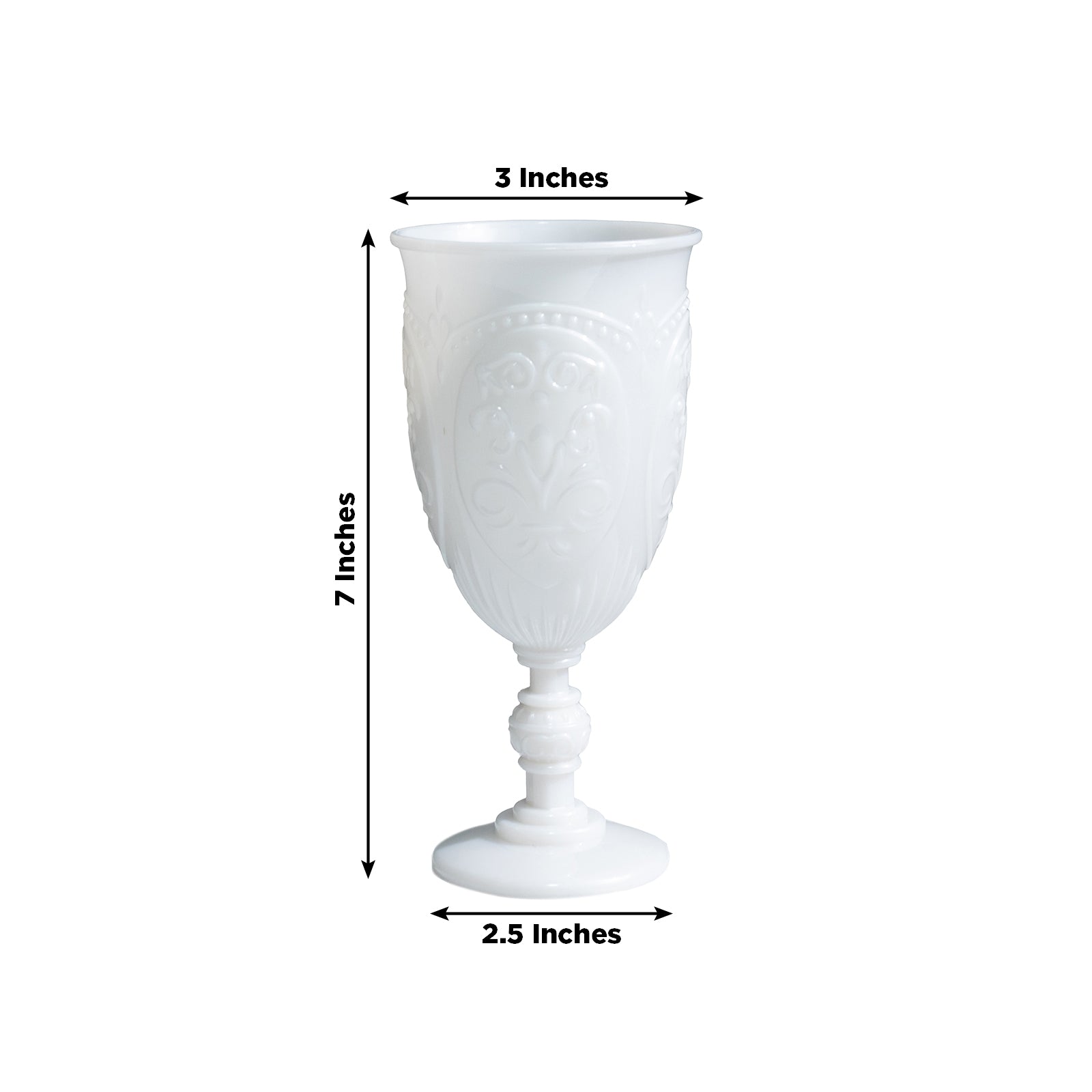 Pearl white vintage goblet, 10oz, elegant embossed design, 7 inches tall.