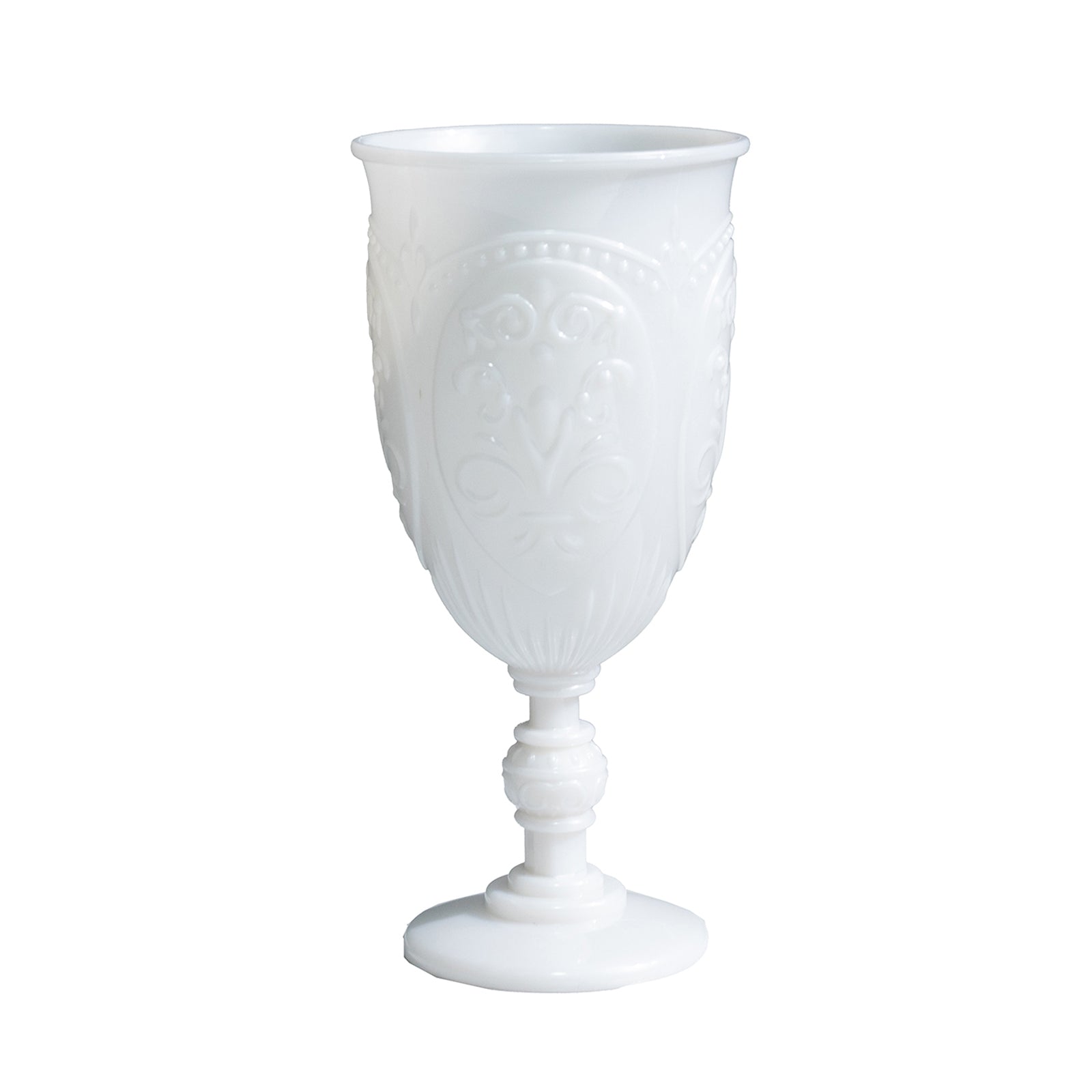 Pearl white vintage wine glass with embossed design, 10oz, 7" tall.