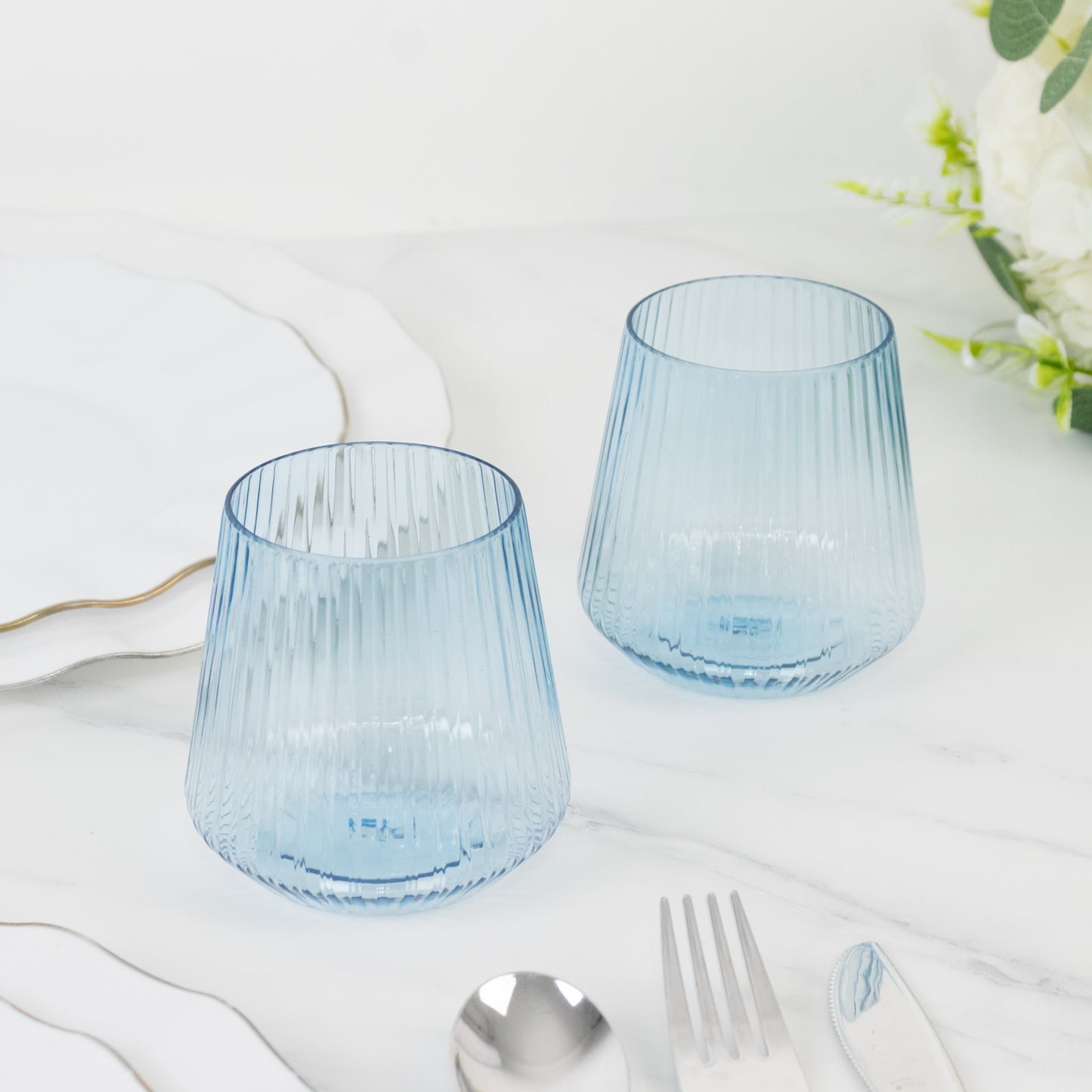 12-Pack Transparent Dusty Blue Plastic Stemless Wine Glasses – 12oz Ribbed Design, Reusable Shatterproof Cocktail Tumblers