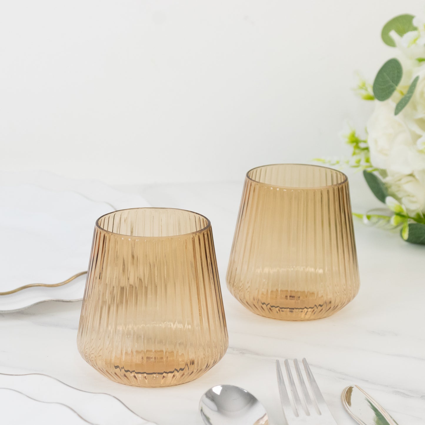 12-Pack Amber Gold Plastic Stemless Wine Glasses – 12oz Ribbed Design, Reusable Shatterproof Cocktail Tumblers