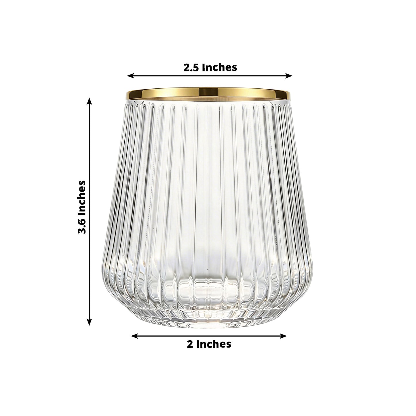 12-Pack Clear with Gold Rim Plastic Stemless Wine Glasses – 12oz Ribbed Design, Reusable Shatterproo
