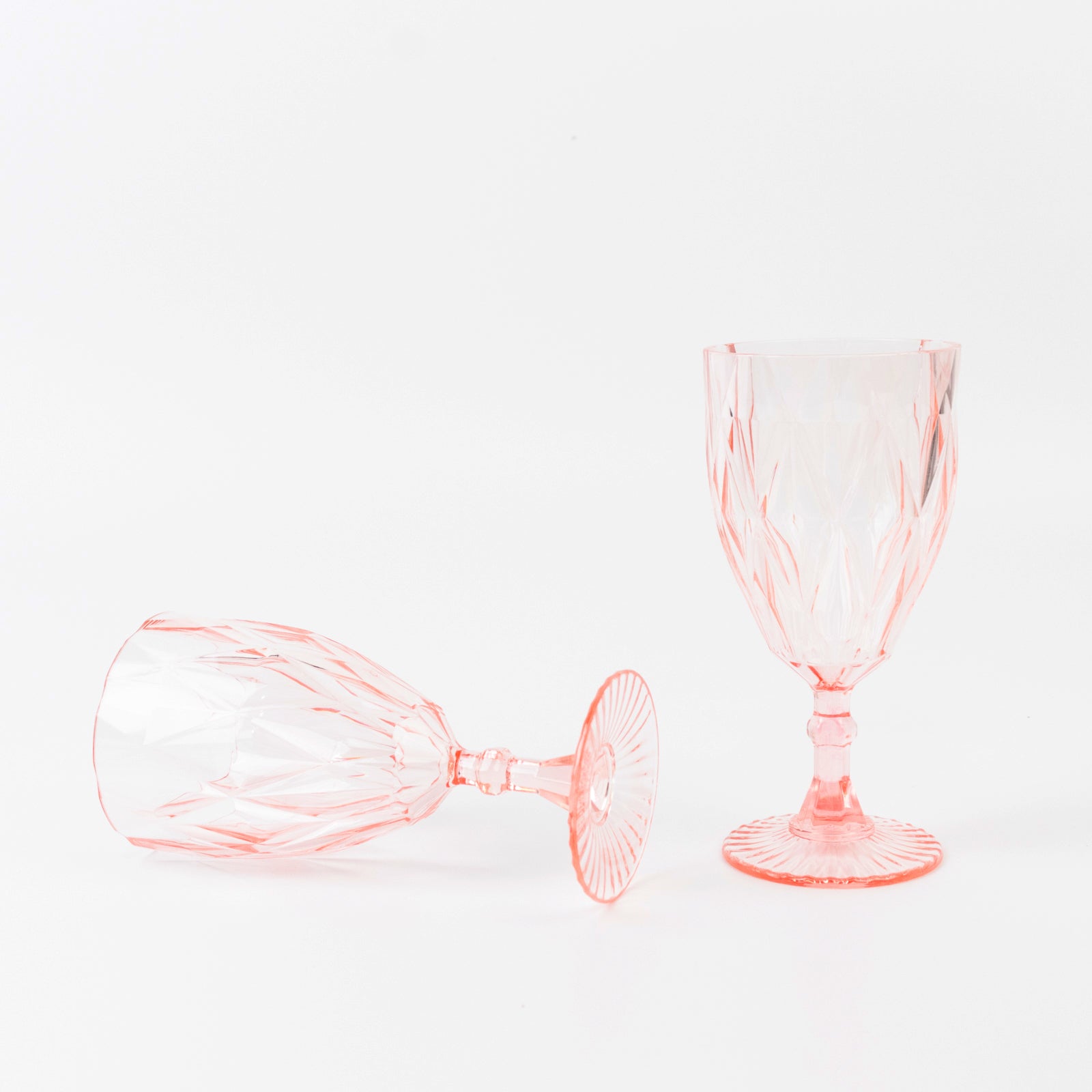 Blush vintage diamond cut plastic goblets in a 12 pack, 11oz capacity.
