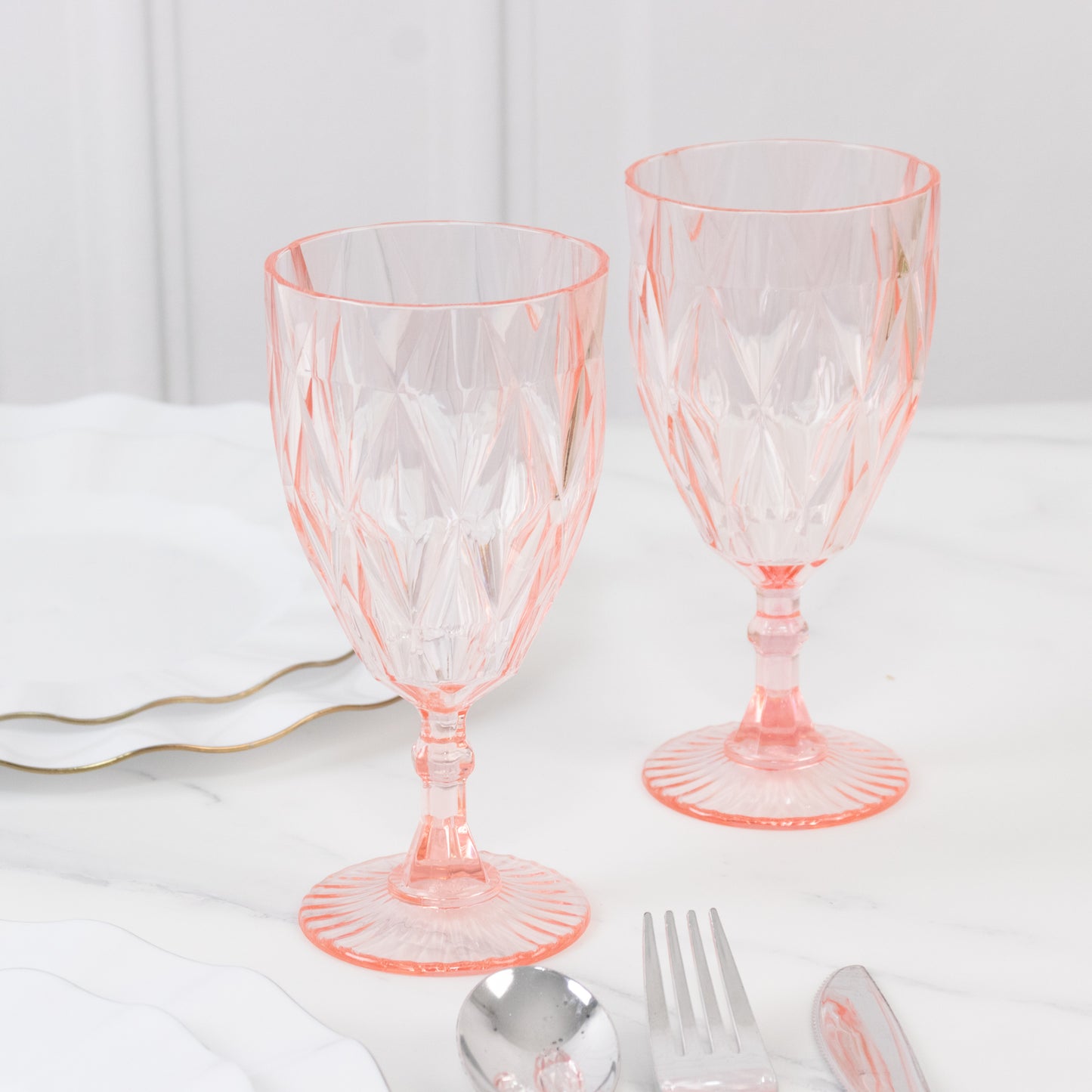 Blush vintage diamond cut plastic goblets, 12 pack, reusable wine glasses.