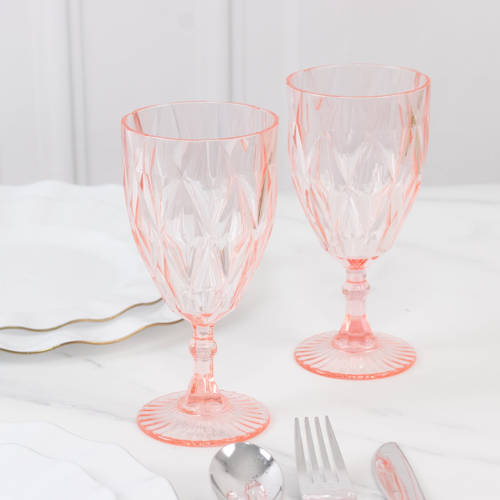 Blush vintage diamond cut plastic goblets, 12 pack, reusable wine glasses.
