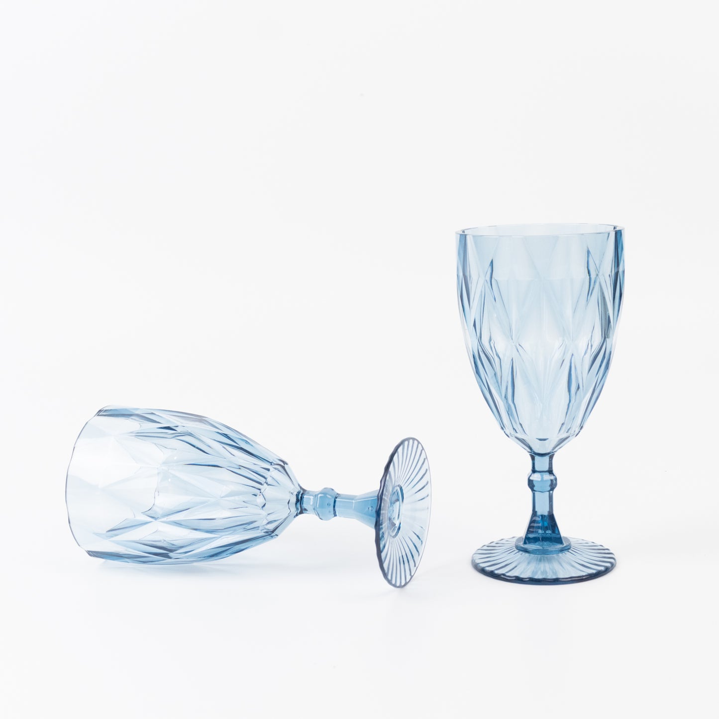 Dusty blue vintage diamond cut plastic goblets, 12 pack, reusable wine glasses.