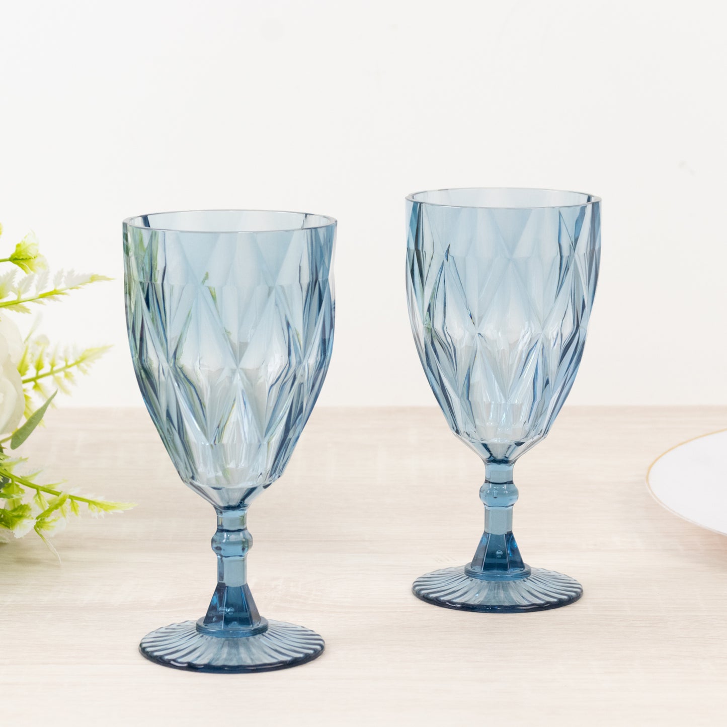 Dusty blue vintage diamond cut plastic goblets, 11oz reusable wine glasses.