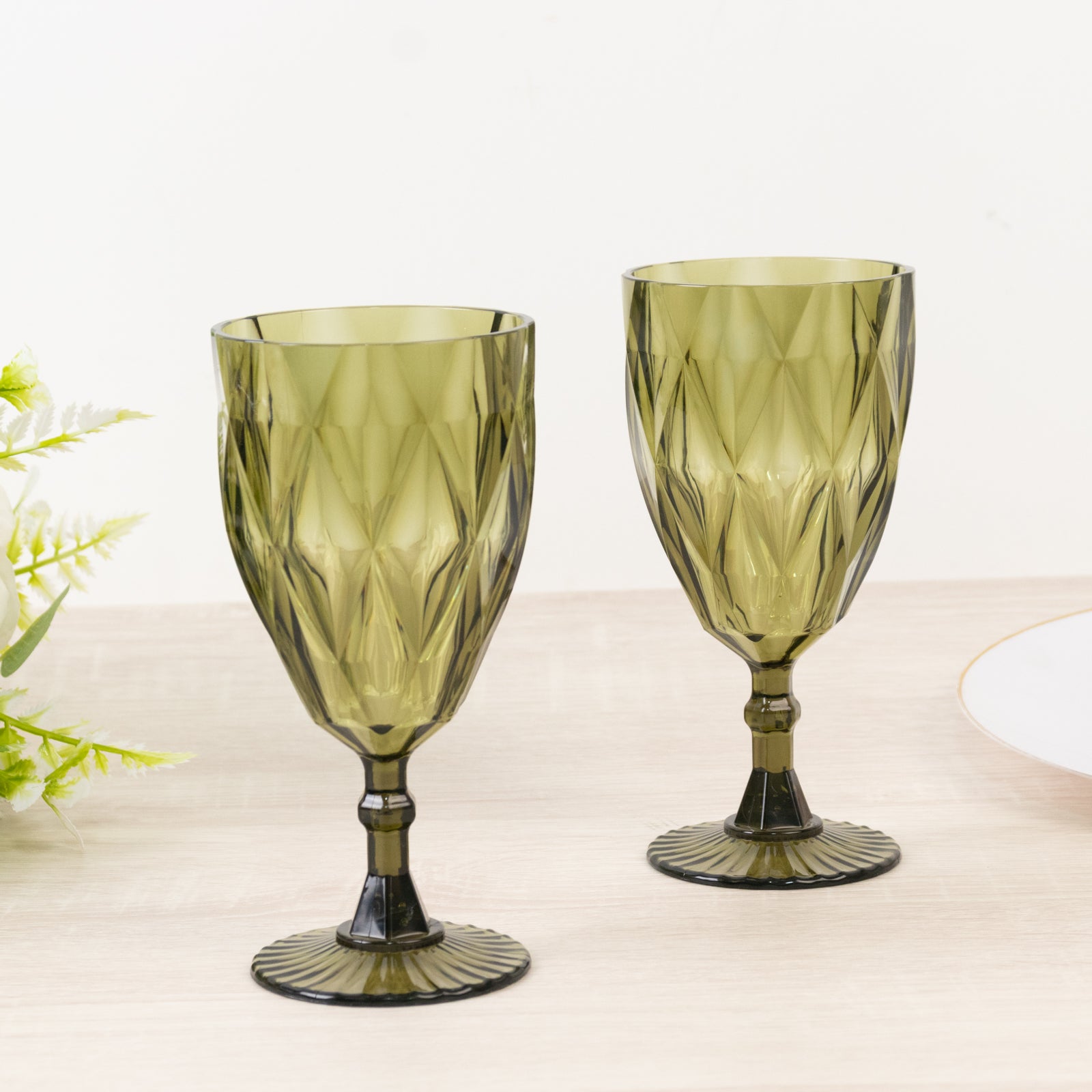 Dusty sage green vintage diamond cut plastic goblets, 11oz, reusable beverage glasses.