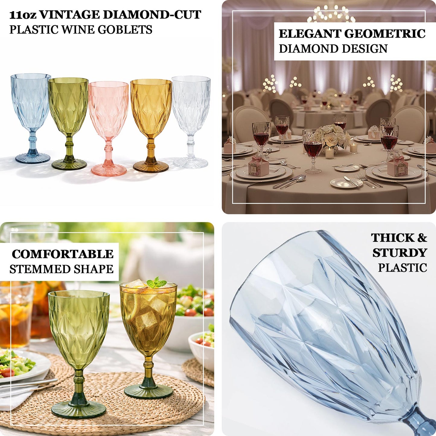 Clear vintage diamond cut plastic goblets in various colors.
