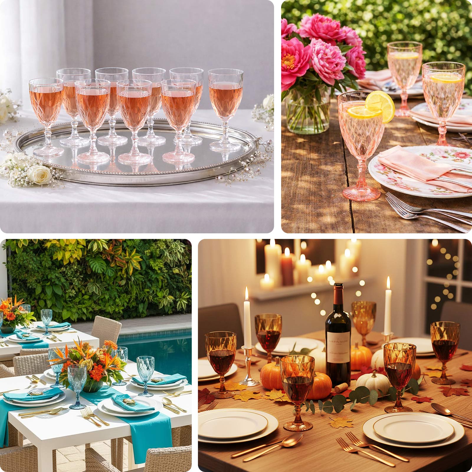 Clear vintage diamond cut plastic goblets on a table, ideal for wine and beverages.