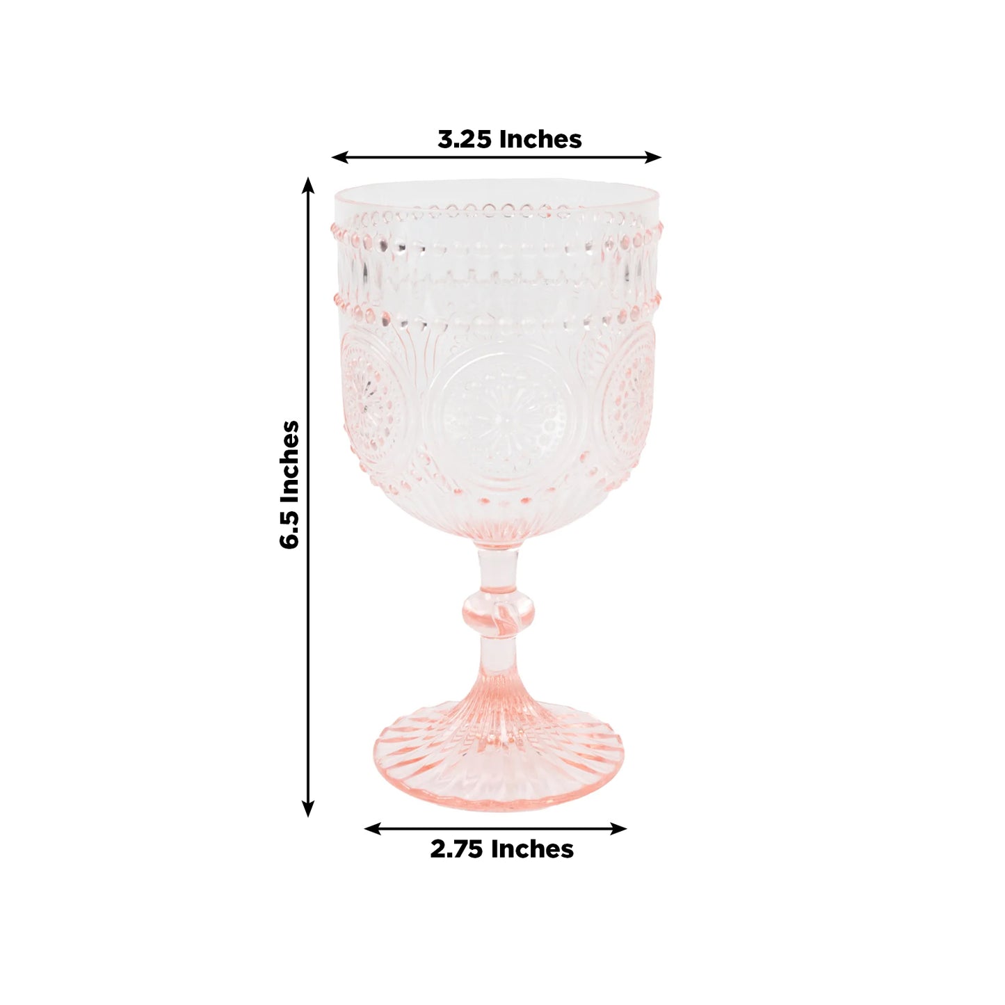 12 Pack Vintage Plastic Wine Goblets – 15oz Reusable Shatterproof Blush Embossed Floral Pattern Drinkware, Decorative Cups